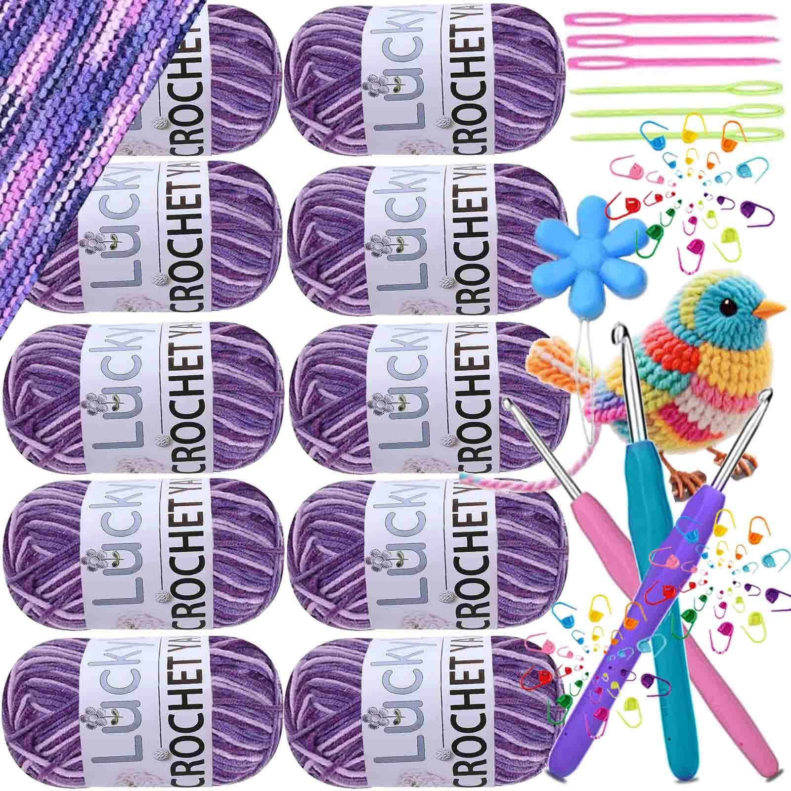 Crochet Yarn Double Knitting Wool (10X50g), Multicoloured Acrylic Yarn Crochet Wool with Aluminum Crochet Hooks Stitch Markers for DIY Amigurumi Craft Blankets Socks Dolls (16 Purple Gradient)