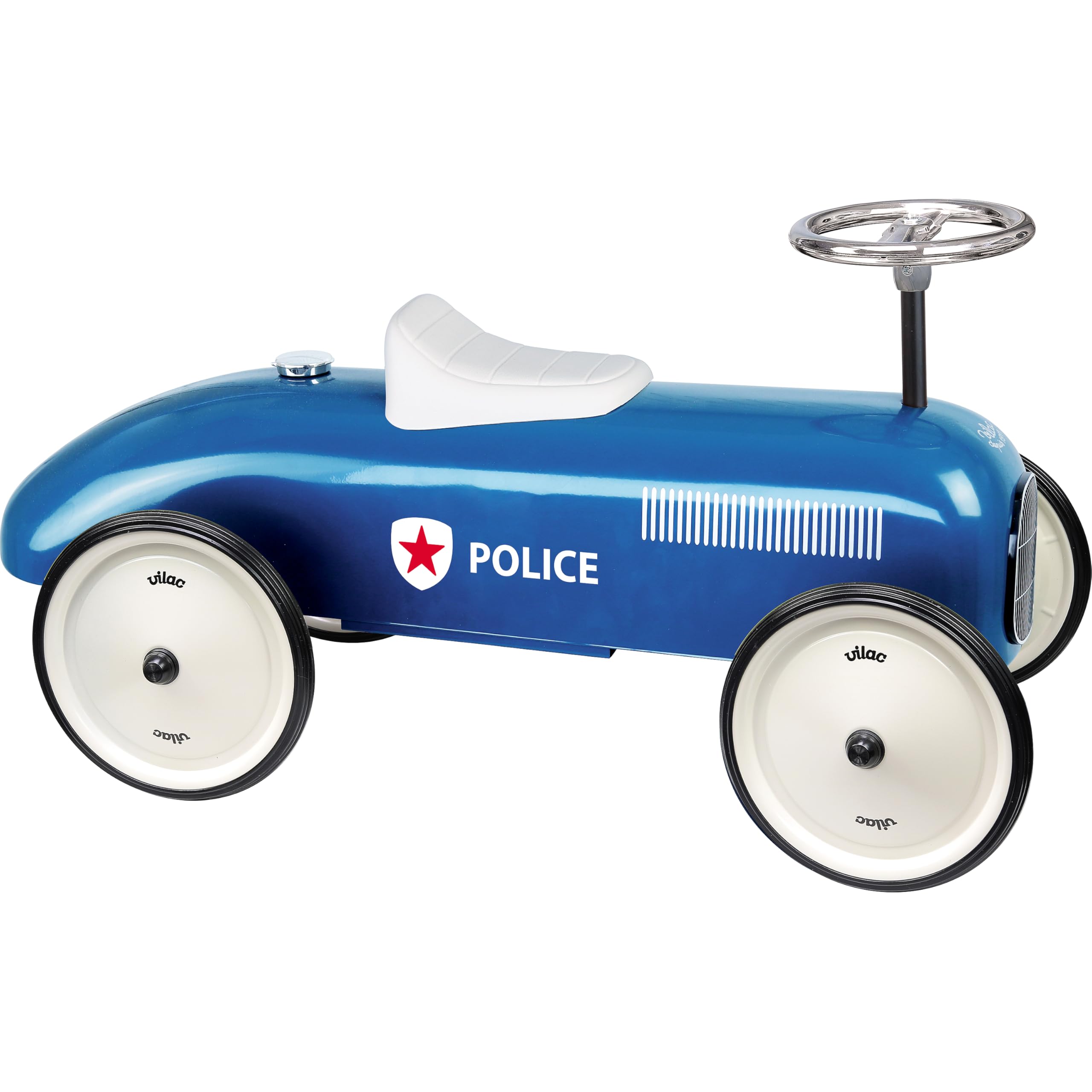Vilac - Vintage Polizei Autoträger – Spielzeug aus Metall – leise Räder – Lenkrad – Dekoration – Blau – für Kinder ab 18 Monaten