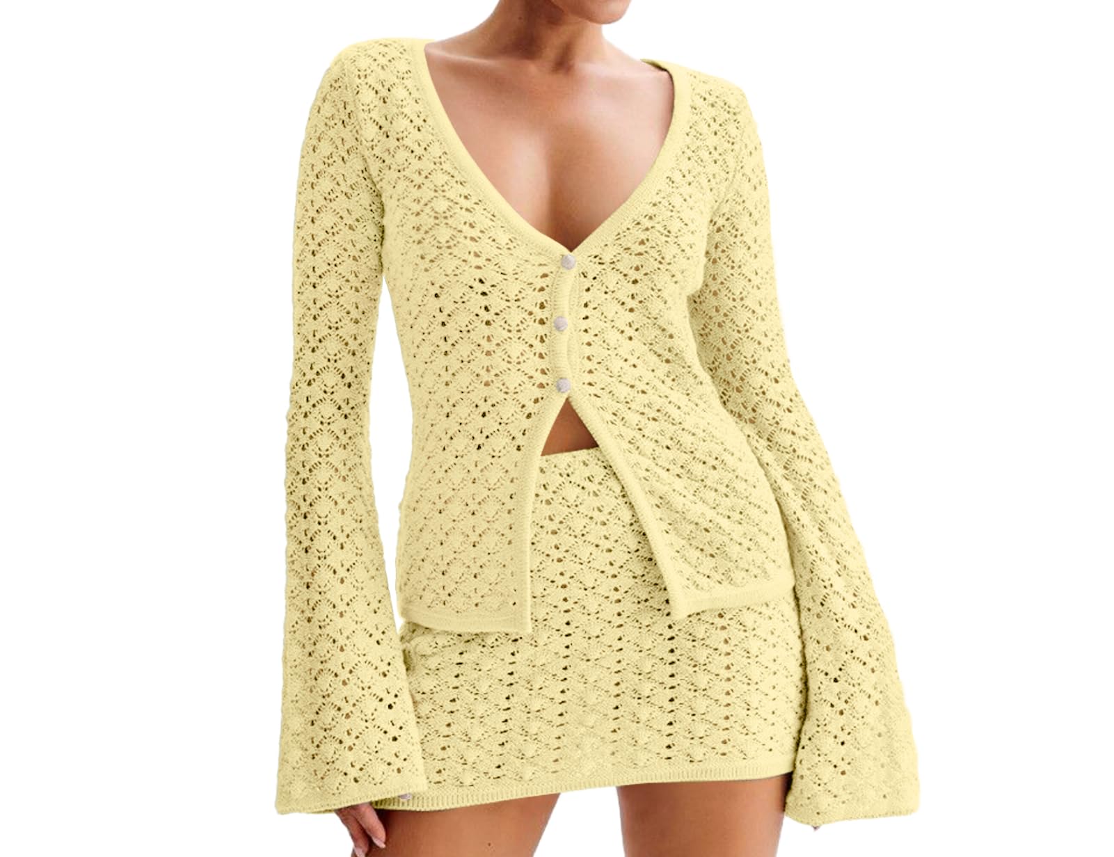 Women Crochet 2 Piece Outfits Set Swimwear Cover Up Flared Long Sleeve Button Down Tops Beach Mini Skirt