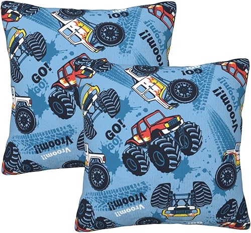 Perinsto Juego de 2 fundas de almohada decorativas con estampado de camiones monstruos, fundas de cojín suaves para sofá, cama, decoración del