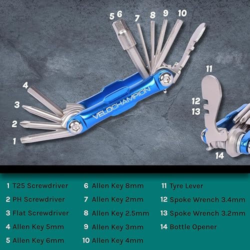 Miniatura 2 de VeloChampion Kit de reparación de ciclismo compacto 14 en 1 con llaves Allen, destornillador, llave de radios, palanca de neumáticos, mantenimiento