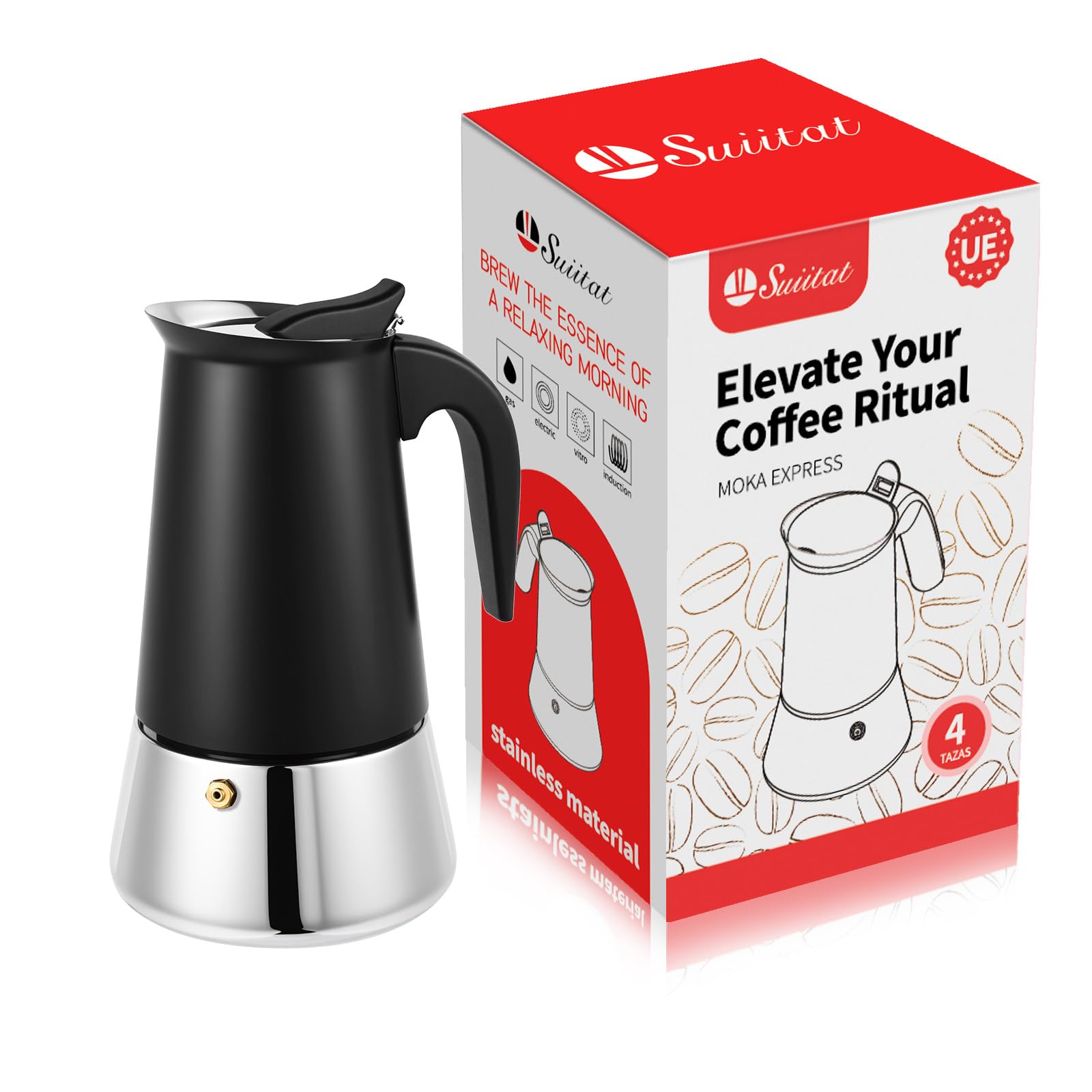 4 Cup Stainless Steel Moka Pot, 200ml Stovetop Espresso Maker, Black
