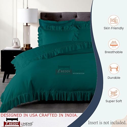 Miniatura 3 de eBeddy Linens Juego de funda de edredón de lujo con borde verde azulado con volantes, tamaño Super King, 108 x 98 pulgadas, algodón egipcio, funda
