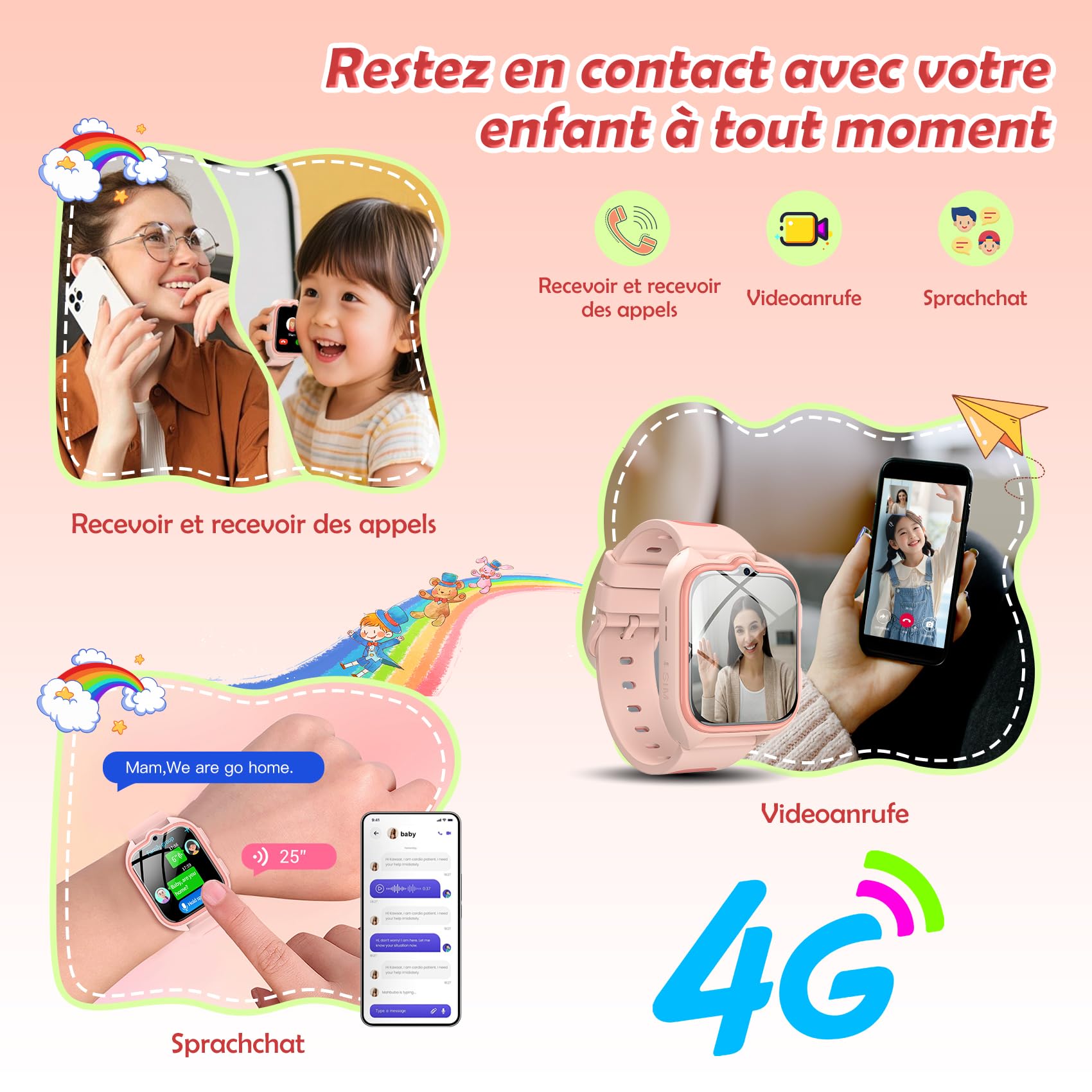 4G Montre Connectée Enfant avec Appel Vidéo et GPS, Compatible Nano SIM, Messages Vocaux, SOS, Mode École, Lampe Torche, Étanche IP67, Podomètre, 2 Modes de Port, Android iOS, pour Filles 4-12 Ans