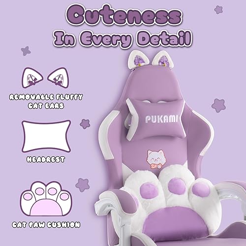 Miniatura 3 de PUKAMI Silla de Juego Linda con Orejas de Gato, Silla de Computadora Ergonómica para Niña con Reposapiés y Reposacabezas, Silla de Juego de PC