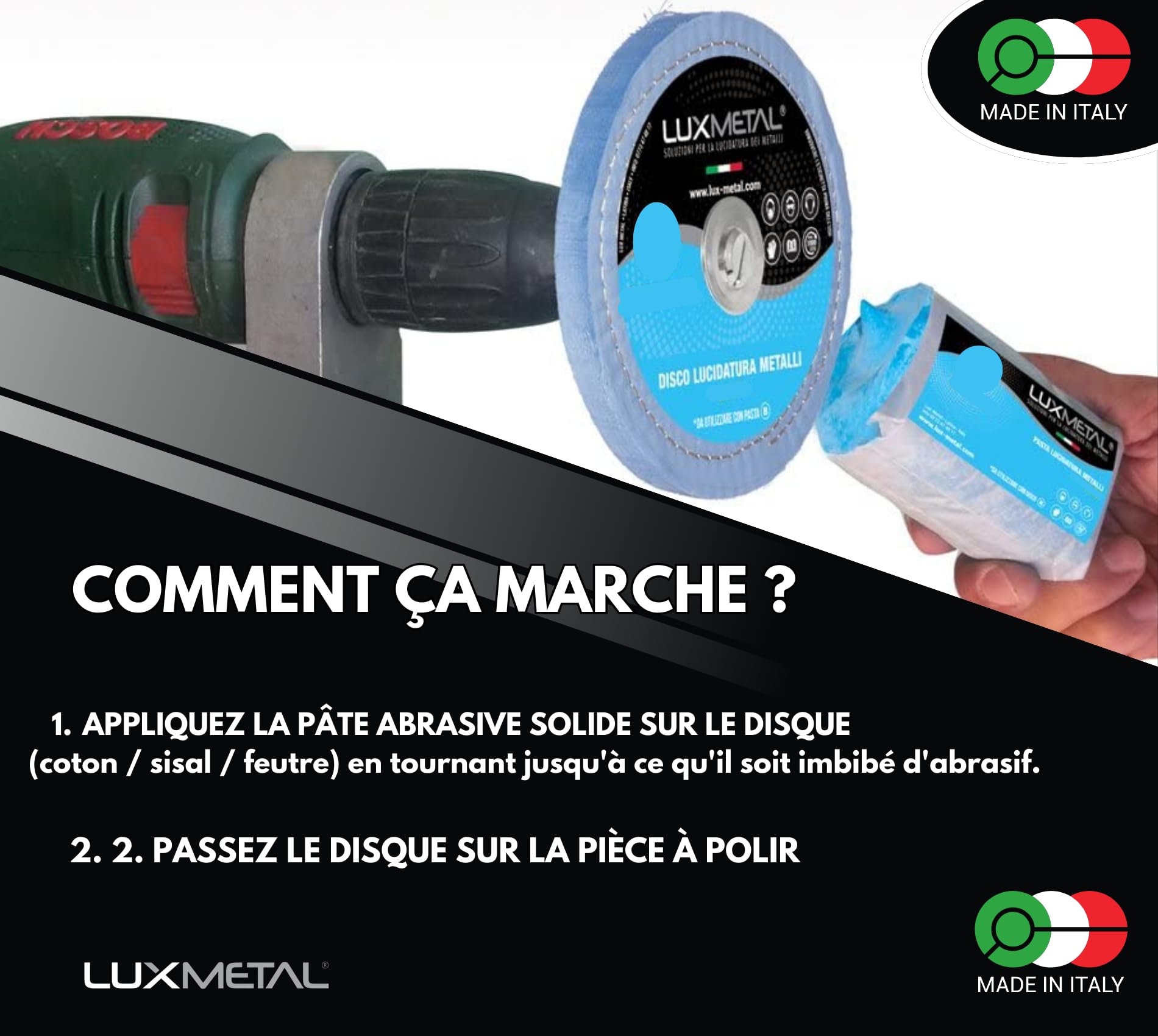 Kit 4 Disques de Polissage de 150 mm et 4 Pâtes Abrasives de 250 gr - Parfaits pour polir des métaux tels que l'aluminium, le fer, l'acier inoxydable, le laiton, le cuivre, l'or, le marbre