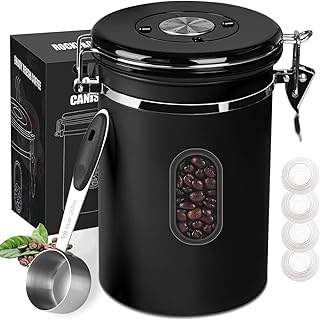 EZKOXAH Airtight Coffee Beans Canister, Stainless Steel Container with 30 ML Measuring Scoop & Date Tracker & Transparent ...