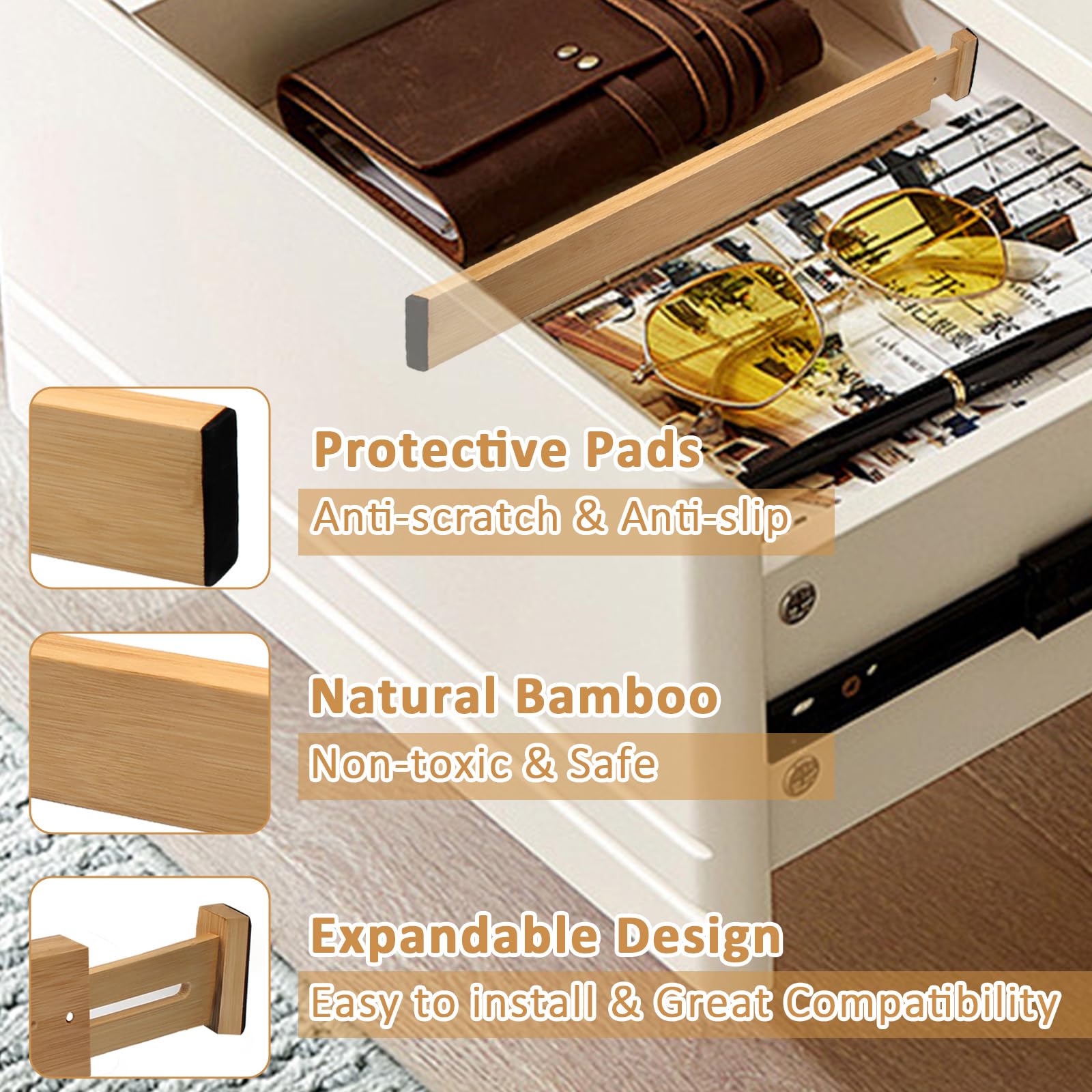 4 Stück Schubladenteiler aus Bambus, 43 - 56 cm, verstellbare Schubladen-Organizer, erweiterbare Schubladentrenner