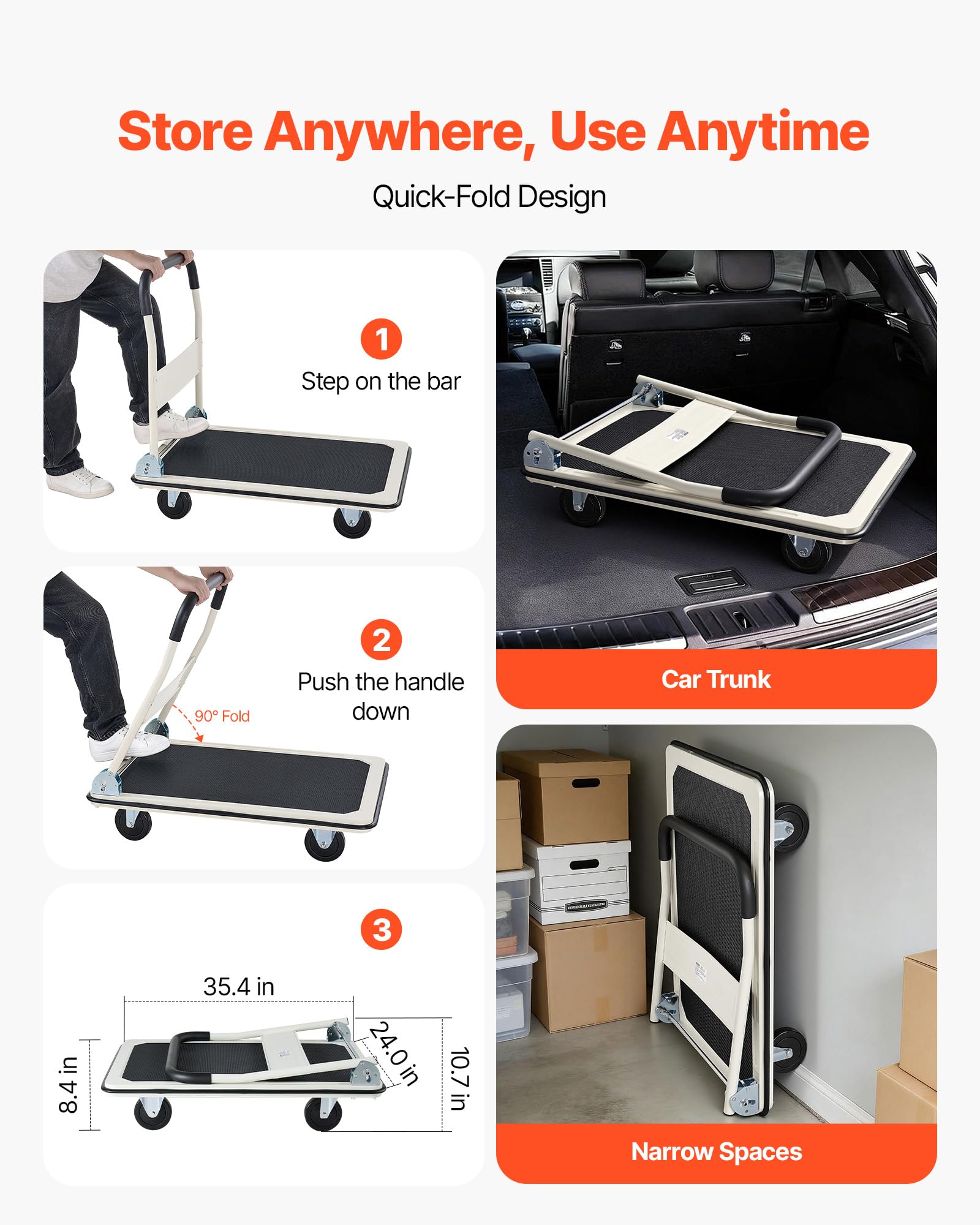 VEVOR Carro Plataforma Plegable 900 x 610 mm, Carretilla de Transporte Carga de 299,37 kg, Carrito Portaequipajes con Plataforma con Ruedas de PVC de 123 mm, para Tareas Domésticas, Almacén, Mudanza