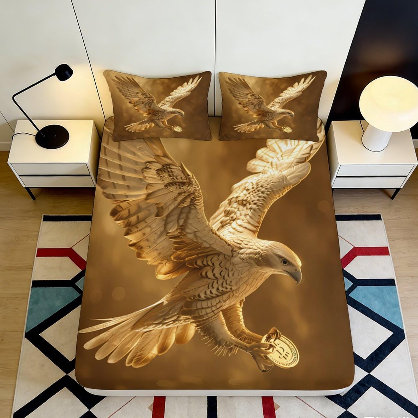 3D Printed Golden Eagle Fitted Sheet Microfiber Soft Durable 3D Printed Hawk Bed Cover for Bedroom Dormitory Guest Room Mattress Protection 180x200x25cm