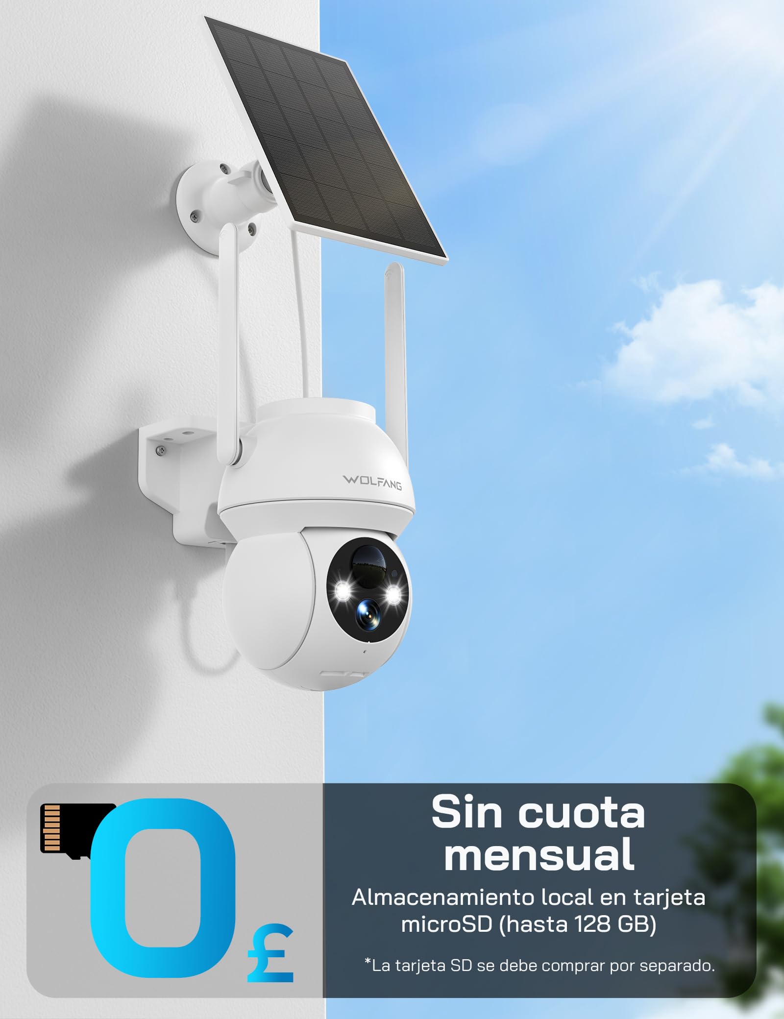 WOLFANG Cámara de Seguridad Solar 1080P para Exteriores, cámara WiFi PTZ de 360° (Solo 2.4G), detección de Movimiento PIR, visión Nocturna a Color, Audio bidireccional, IP65, Funciona con Alexa y