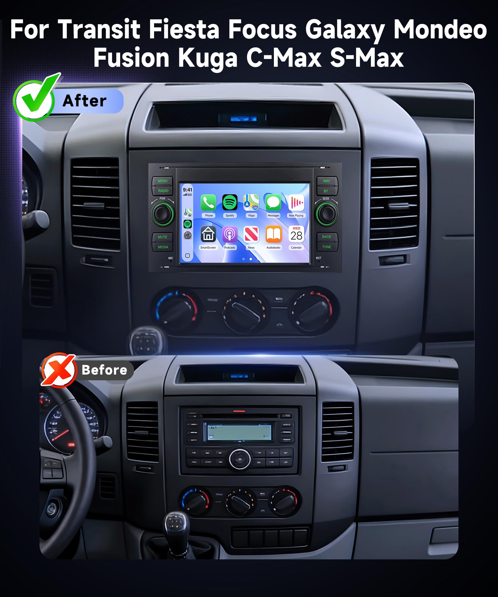 Hodozzy Radio samochodowe do Ford Transit Fiesta Focus z bezprzewodowym Carplay Android Auto,7-calowy ekran z Bluetooth/RDS, radiem, SWC/USB/GPS/EQ/Mirror Link, kamera cofania
