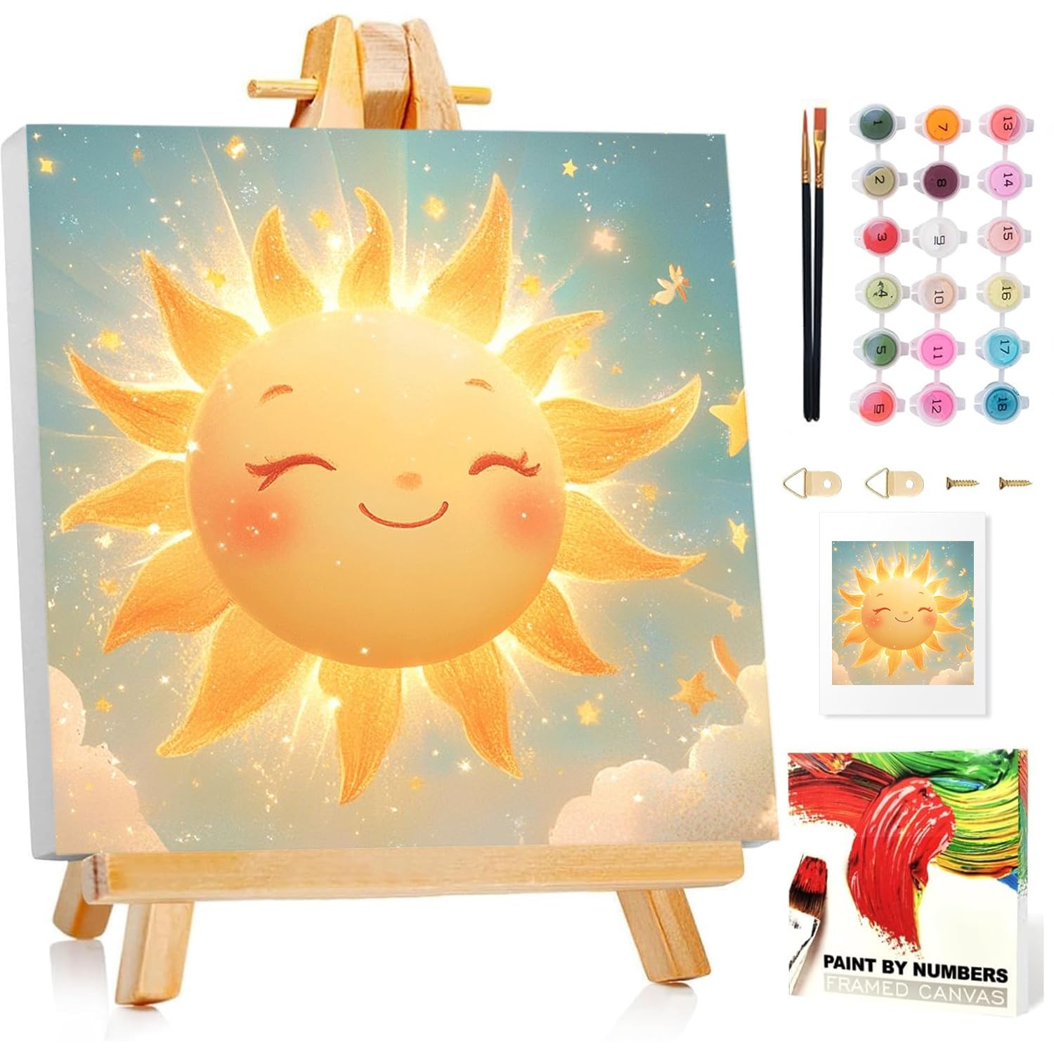 Malen Nach Zahlen Kinder mit Rahmen, Sonne Malen nach zahlen kinder ab 5 6 7 8 9 10 Jahre, Malset mit Rahmen, Pinsel und Acrylfarben, Geschenk für Mädchen und Jungen, mit Glitzer 20x20cm