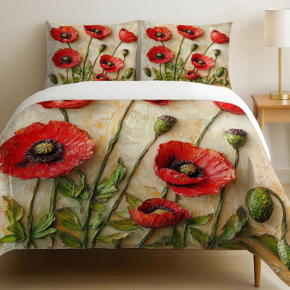 Housse de couette fleurs 200x200 cm avec 2 taies d'oreiller rouge