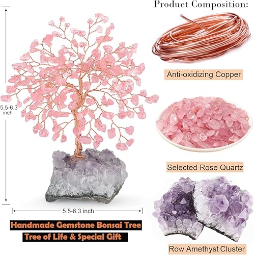 Miniatura 3 de Árbol de la vida de cristal de cuarzo rosa con base de racimo de amatista, árbol de dinero decorativo de Feng Shui, regalo de energía positiva de