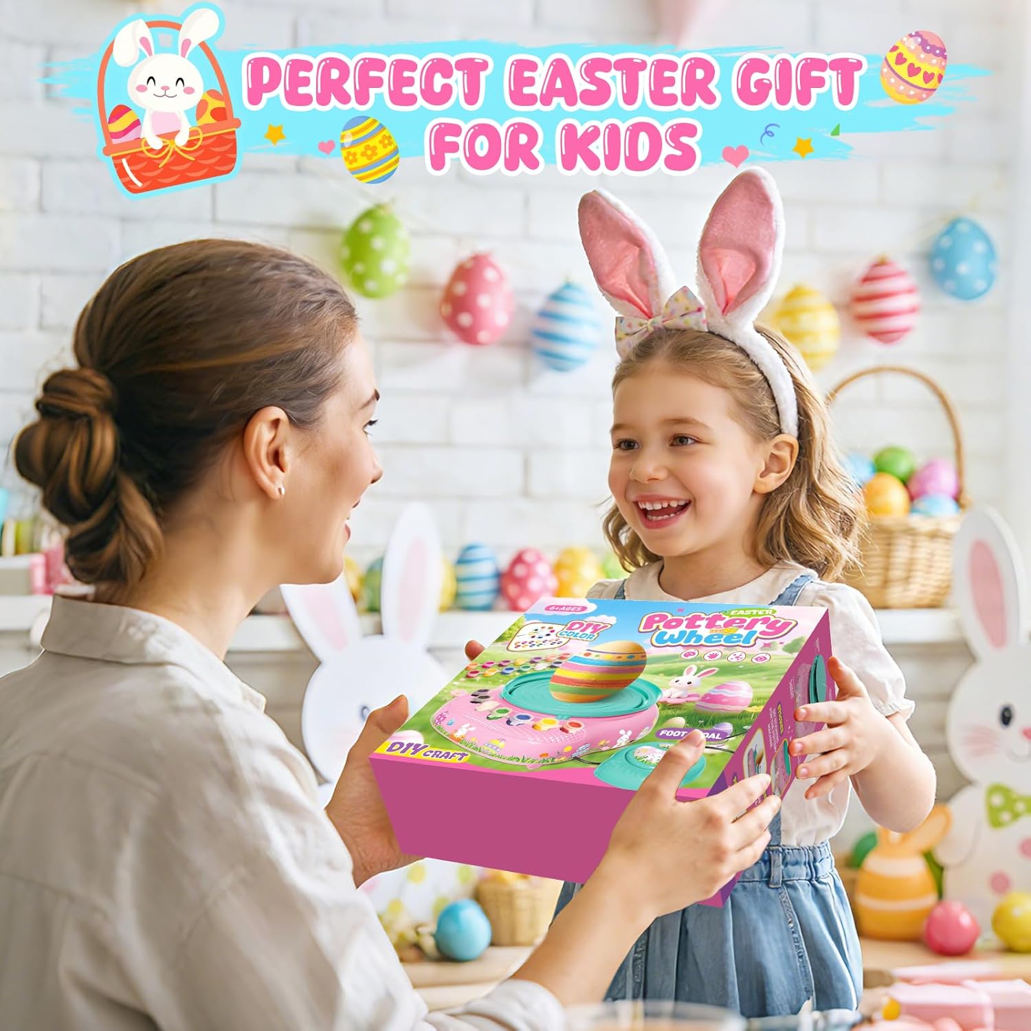 Easter Pottery Wheel for Kids Complete DIY Pottery Painting Kit, Arts and Crafts for Kids Ages 8-12 with 3 Air-Dry Clay Packs and Tools, Art Supplies Toys Birthday Gift for Boys Girls 6+ Years Old