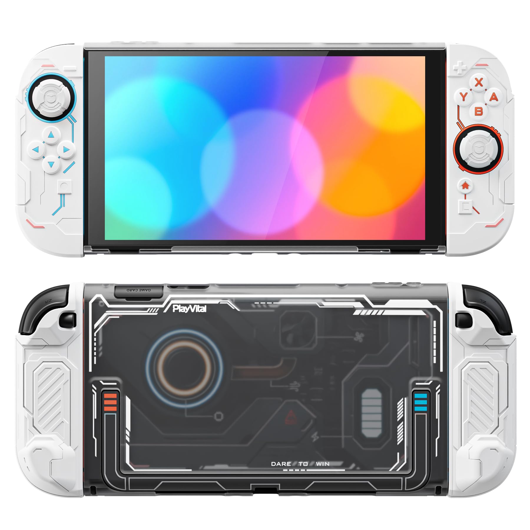 PlayVital Protective Case for Nintendo Switch 2, Stellar Mecha Ergonomic Anti-Slip Silicone Grip Cover, Dockable Hard Case Shell for Switch 2 with Joystick Cap & Sticker - White - 1