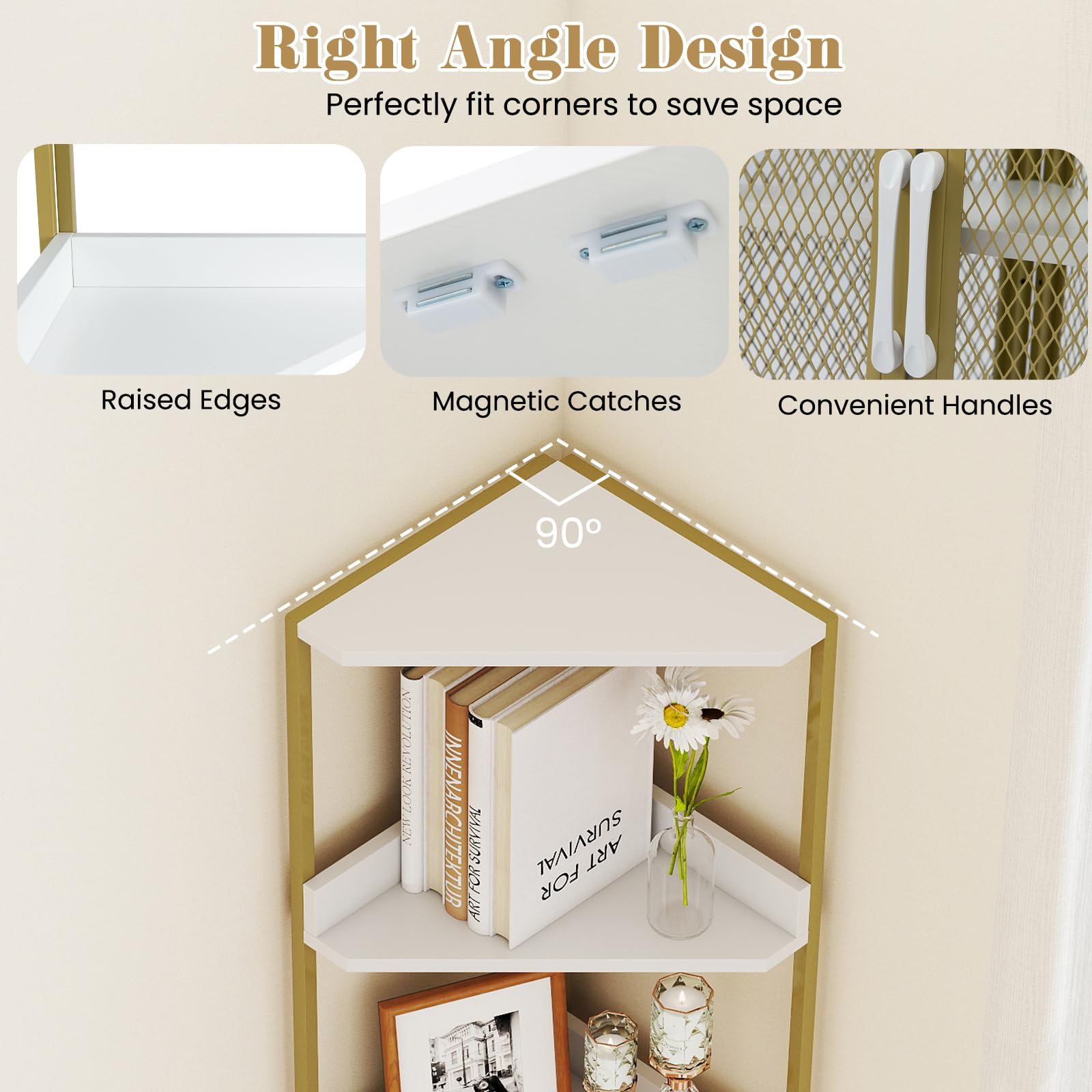 HOMASIS Scaffale ad Angolo, Mobiletto Angolare a 4 Ripiani e Armadietto, Portaoggetti di Legno, Mensola Industriale in Soggiorno, Studio, Cucina, Camera da Letto (Bianco, 32 x 170 cm)