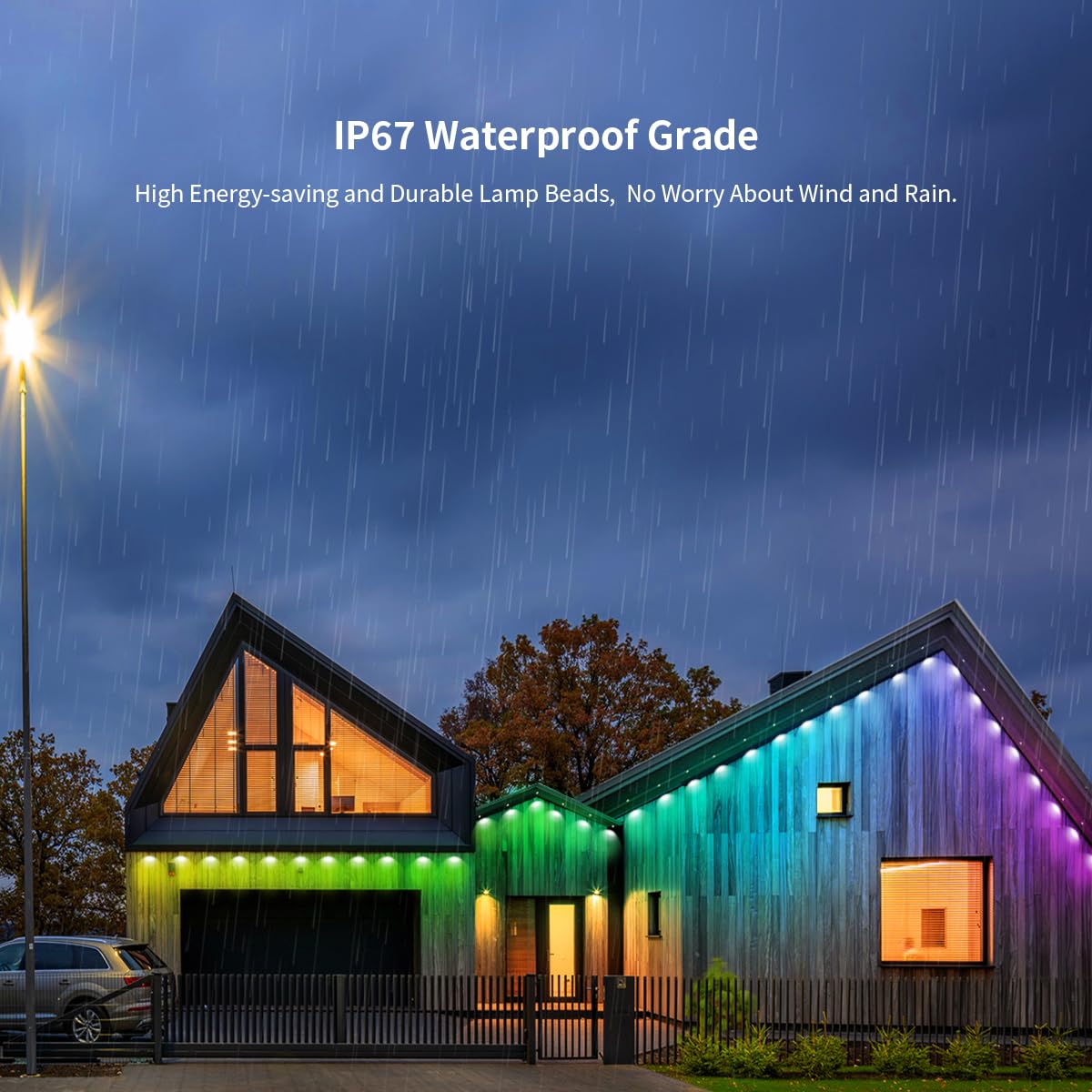 Luxy zewnętrzny łańcuch świetlny LED, stałe światło zewnętrzne, oświetlenie okapowe 30 m, 60 diod LED RGBIC, sterowanie aplikacją, podłączone diody LED Alexa i Google Assistant, wodoszczelność