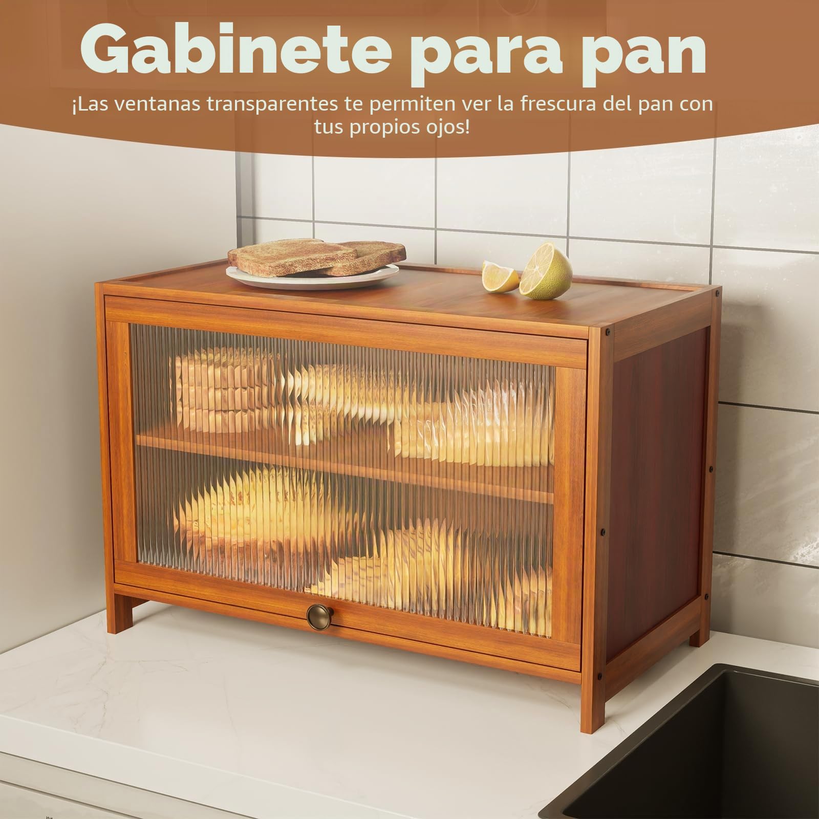 Panera de bambú, 2 niveles, 60 × 32 × 40 cm, caja de almacenamiento de pan con puerta de acrílico, para panes y panes