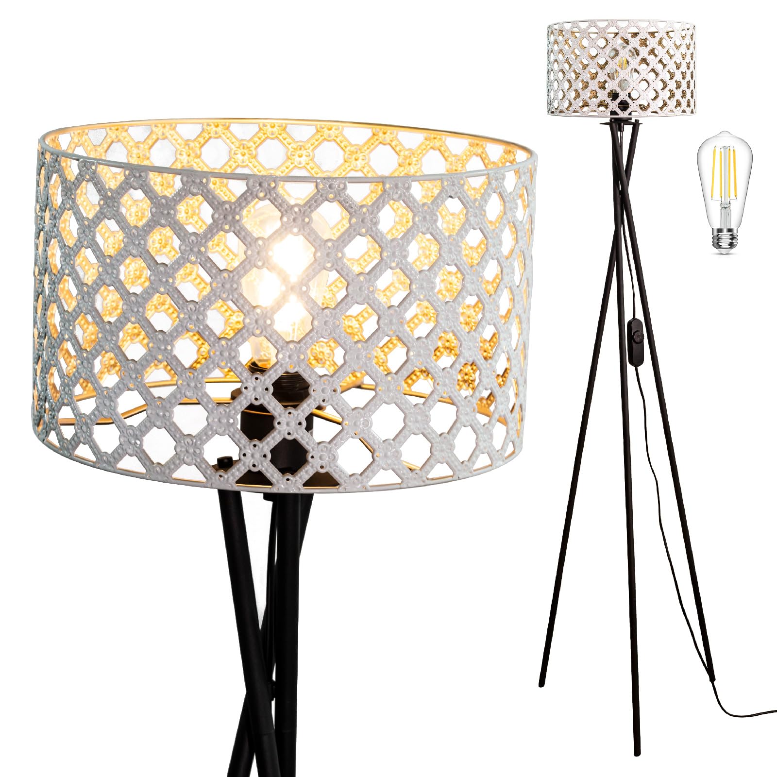 Osasy Modern Tripod Floor Lamp with Interchangeable Shades, Dimmable Standing Light, Black Metal Base, Living Room and Bedroom Lighting (D1 Metal Shade-Geometric Lattice WhiteGold)