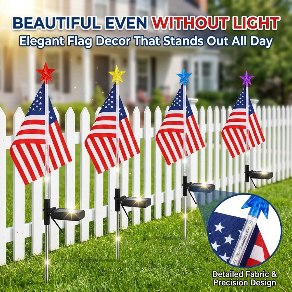 8 Solar American Flag Pathway Lights – Red, White & Blue Yard Glow for 250th Independence Celebration US, IP65 Waterproof,Multiple Lighting Effect ffor Yard, Garden, Driveway, Pathway (8pcs)