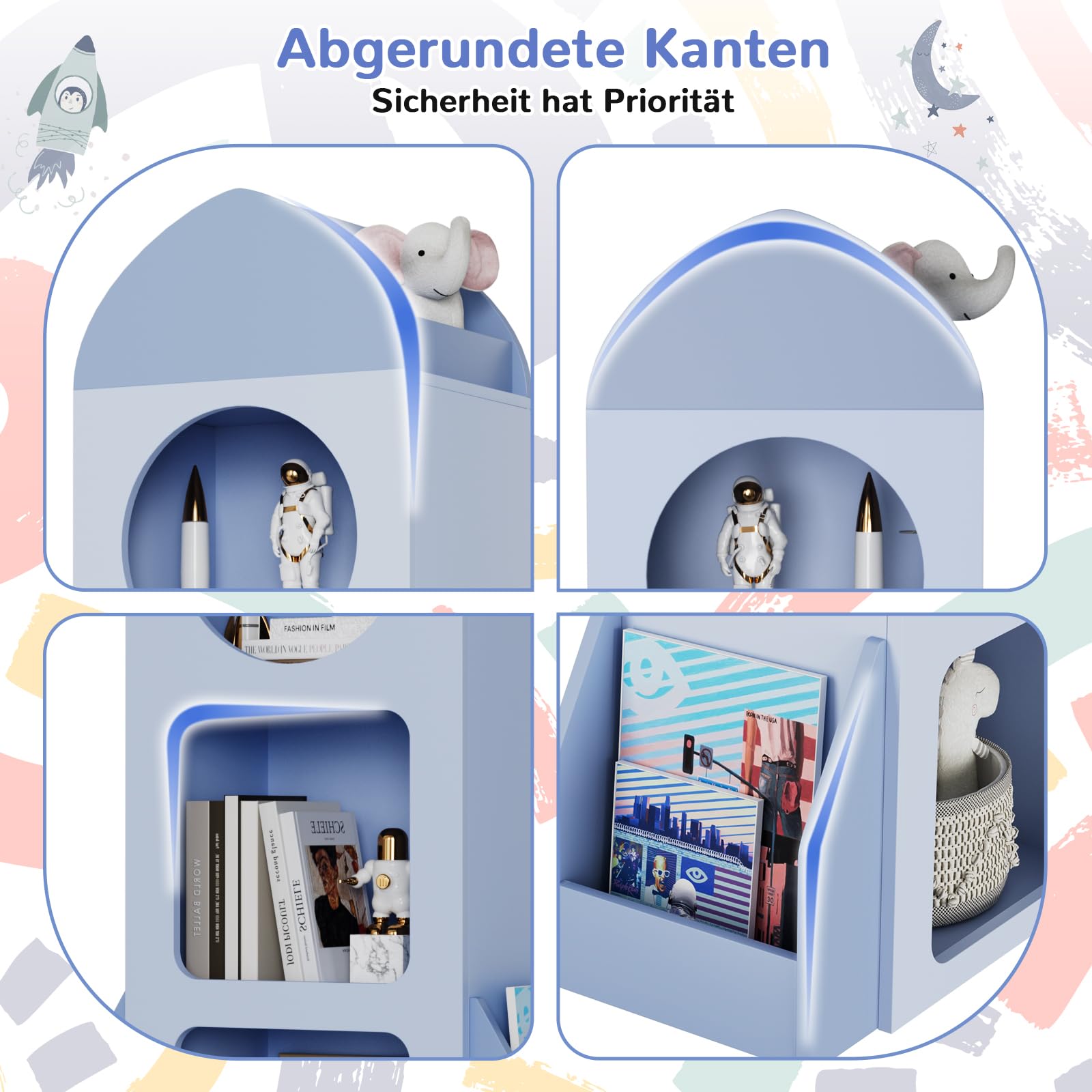 Clevich Bibliothèque pour Enfant, 120 × 60 × 31 cm, étagère pour Chambre d'enfant, étagère à Jouets, avec 3 Niveaux, 2 latérales, Motif fusée pour garçons et Filles