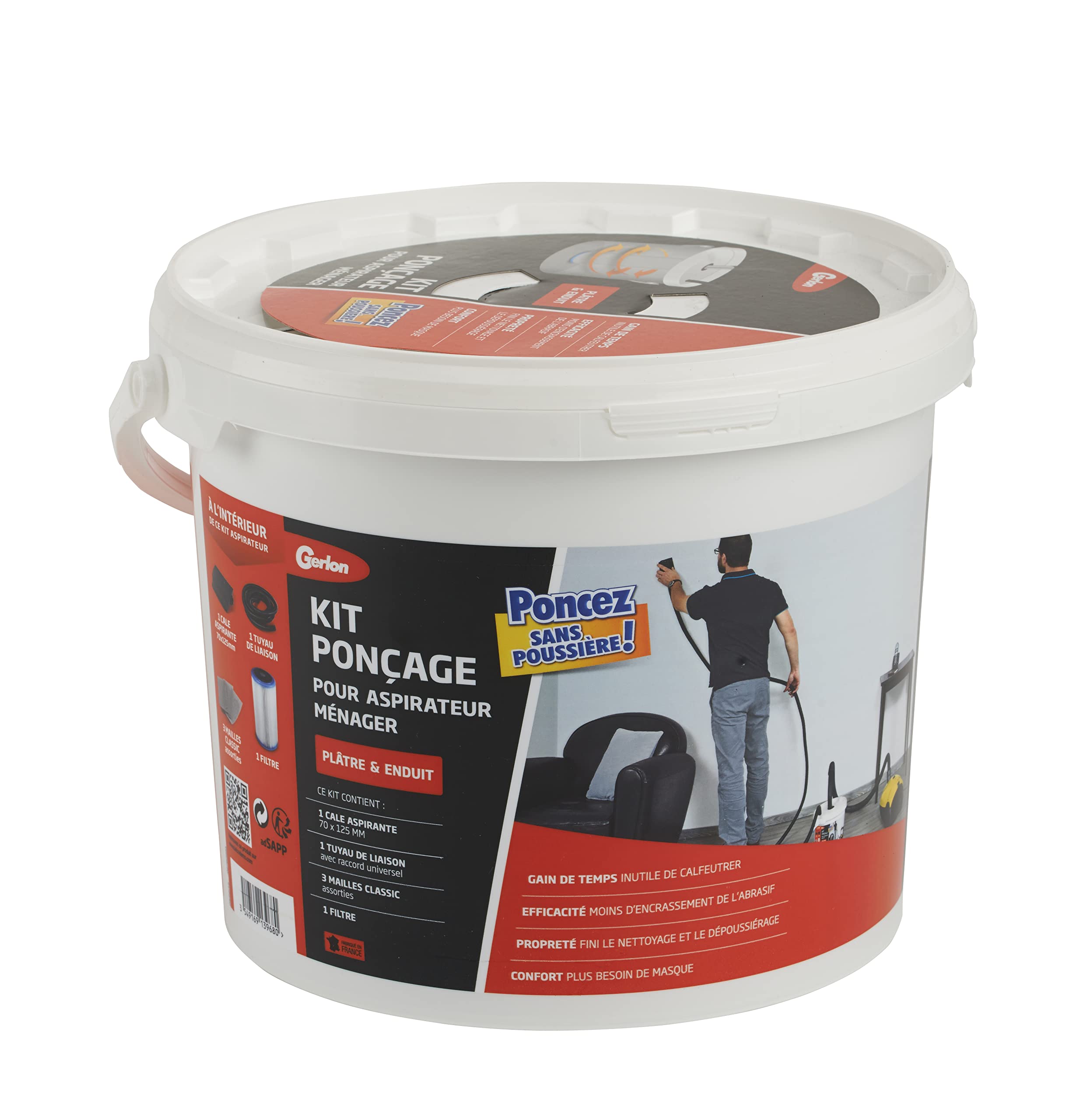Gerlon Kit ponçage sans poussière pour Aspirateur Menager : 1 Cale + 1 Tuyau + 3 Abrasif + 1 Sceau Filtrant ADSAPP Neutre