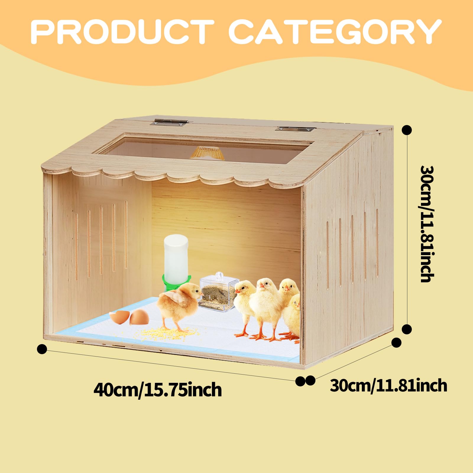 Kit de caja de madera para criar pollos con lámpara de calefacción, termómetro, alimentadores de alimentos y agua, 15.7 x 11.8 x 11.8 pulgadas, juego completo de guardería para mascotas pequeñas con