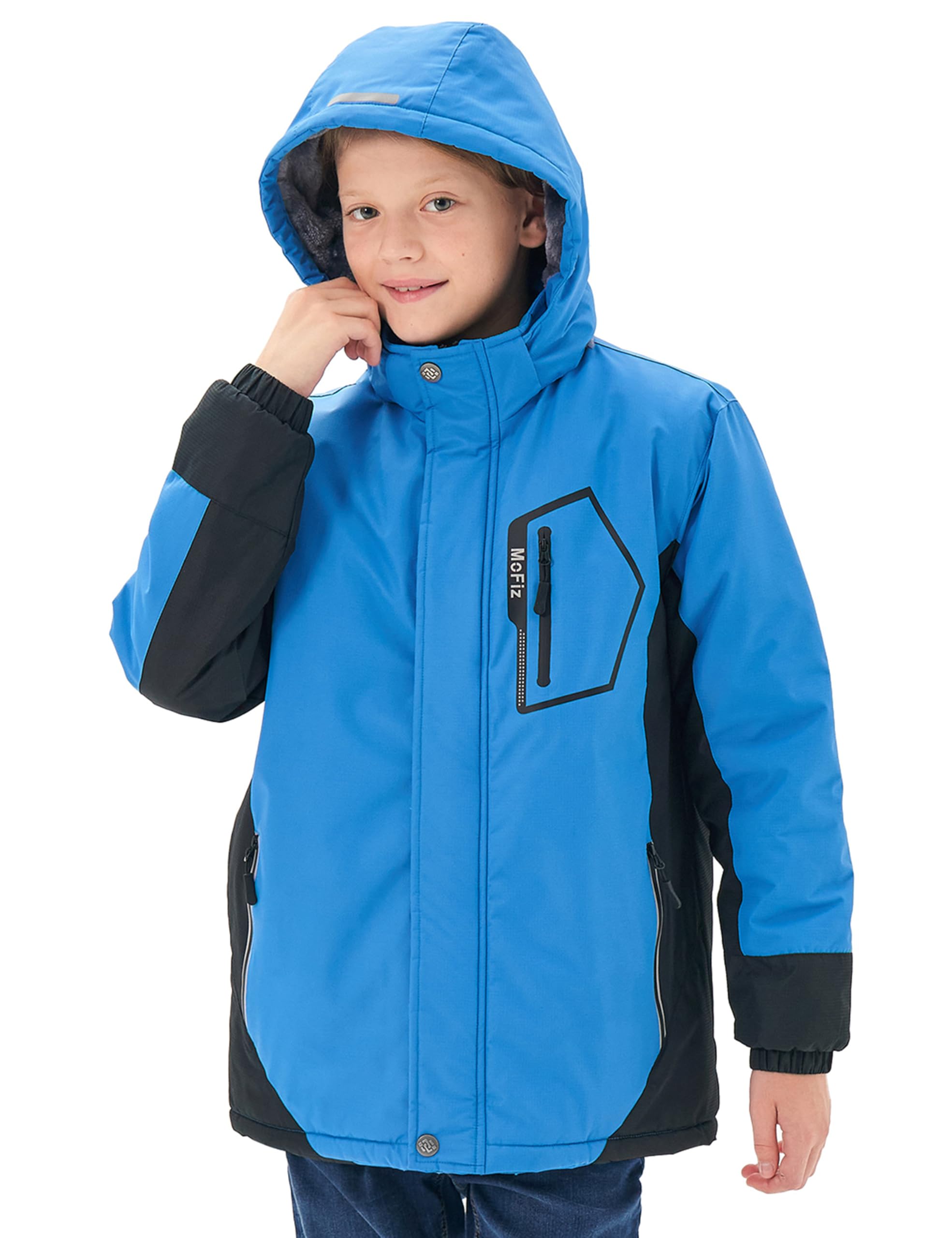 MoFiz Veste de Ski Garçon Hiver Chaud Manteau de Neige Imperméable de Montagne en Polaire Coupe-Vent Enfants Blouson avec Capuche Amovible 6-16 Ans