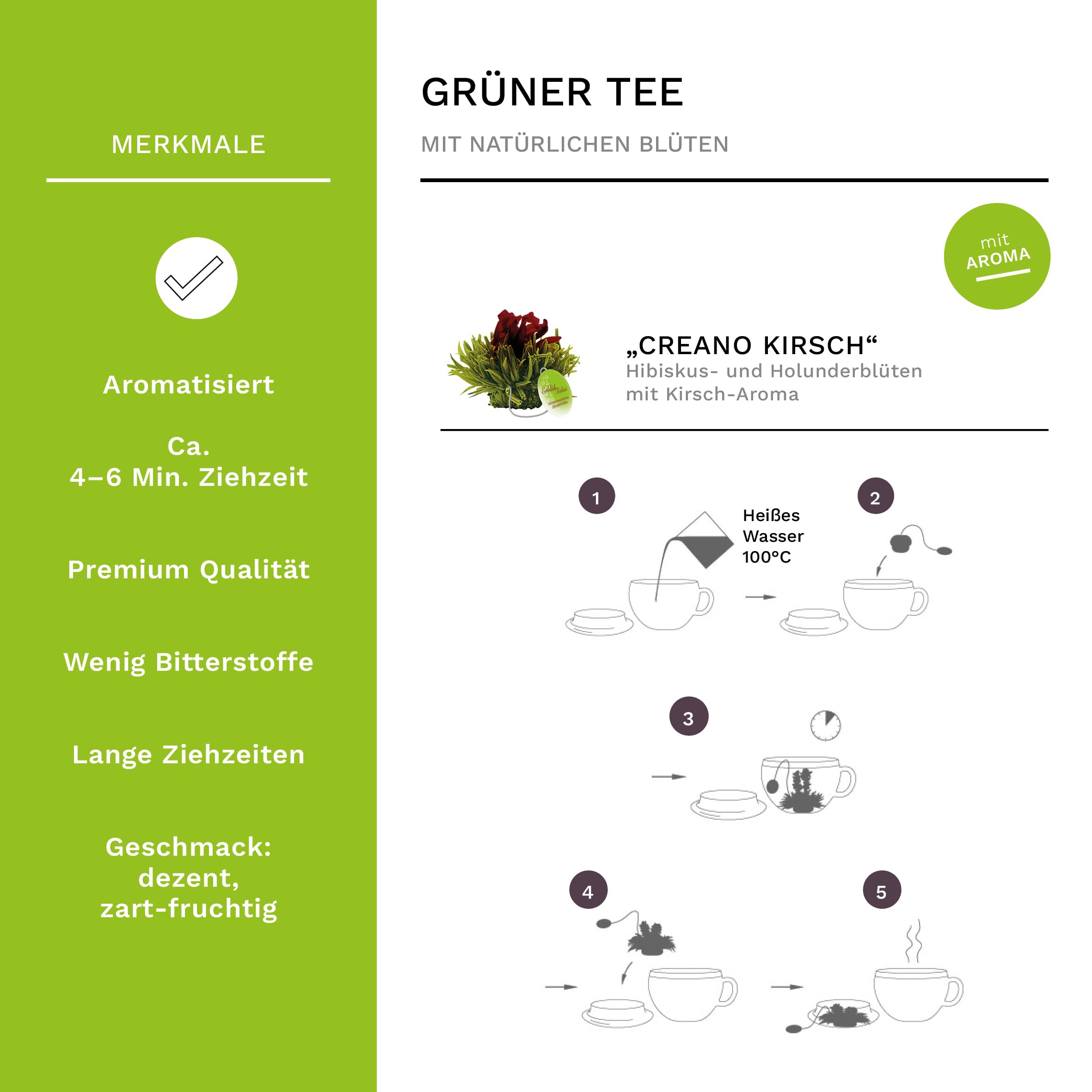 Creano Teeblumen Geschenkset - Erblühtee mit 500ml Glaskanne & 6x Weißer Tee + Teelini Grüntee Bonuskugel - 8 teilig