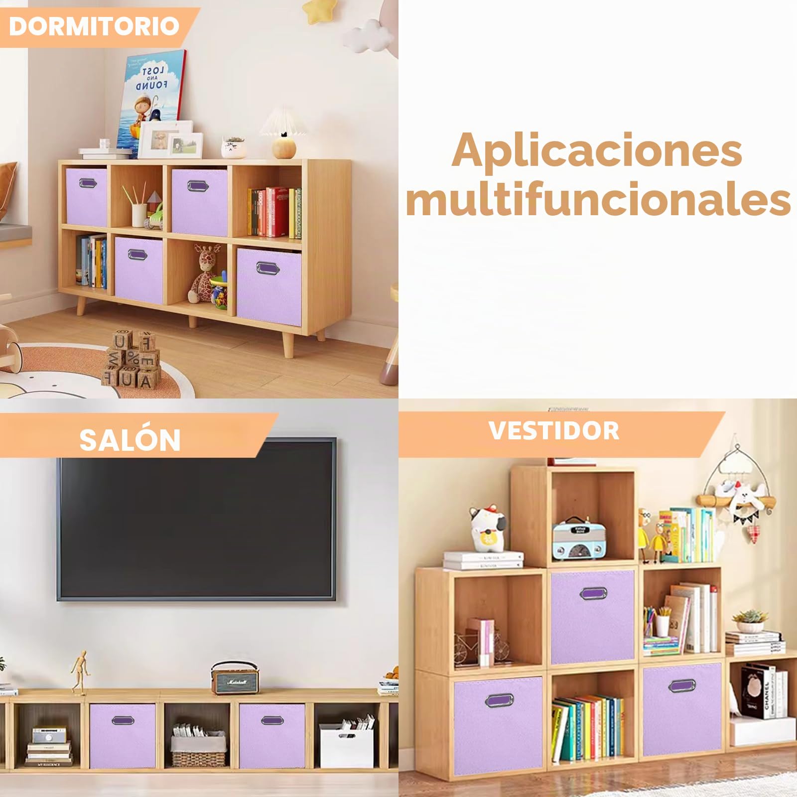 powerking Caja de almacenamiento de tela, cajón de caja de almacenamiento de tela plegable de 6 piezas, con manijas metálicas, para armarios y juguetes, Lavanda