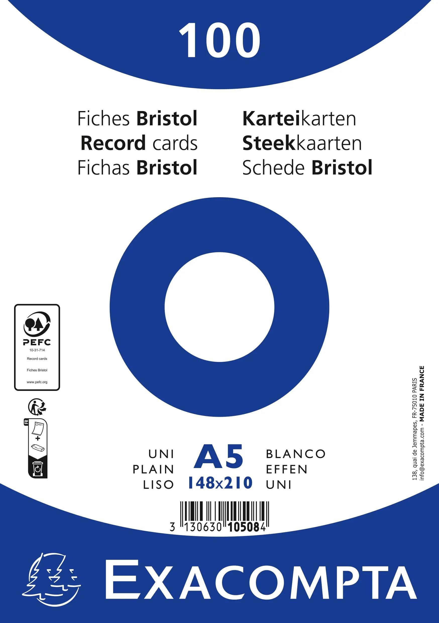 Paquet 100 fiches bristol format sous film - blanc uni non perfore 148x210mm