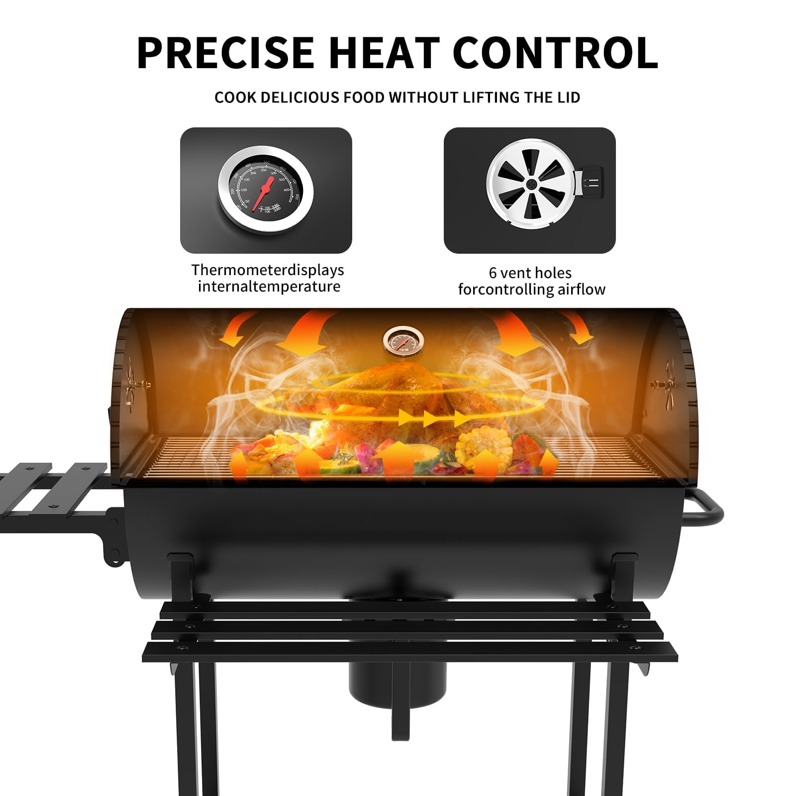 TEENO Chariot à Barbecue de Bois,Grill XXL à Charbon avec Couvercle, Thermomètre,Tiroir à Cendres,Comprend une housse en tissu imperméable et anti-poussière, Évent Réglable