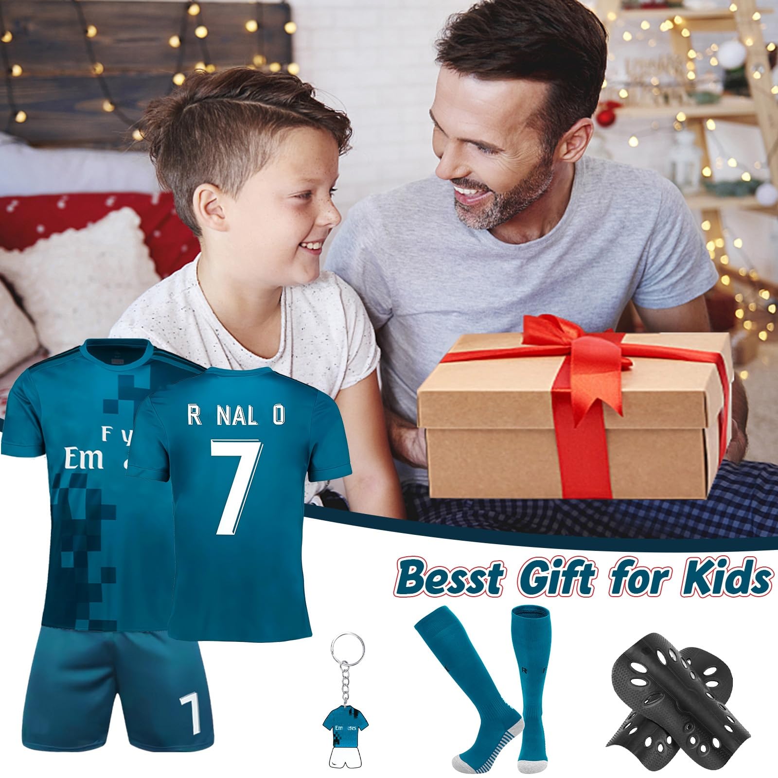 Fußball Trikot für Kinder, Trikot Nr. 7 Fußballtrikots Fussball T-Shirt Shorts Socken Schlüsselanhänger und Schienbeinschoner Set, Outdoor Football Jersey für Jungen