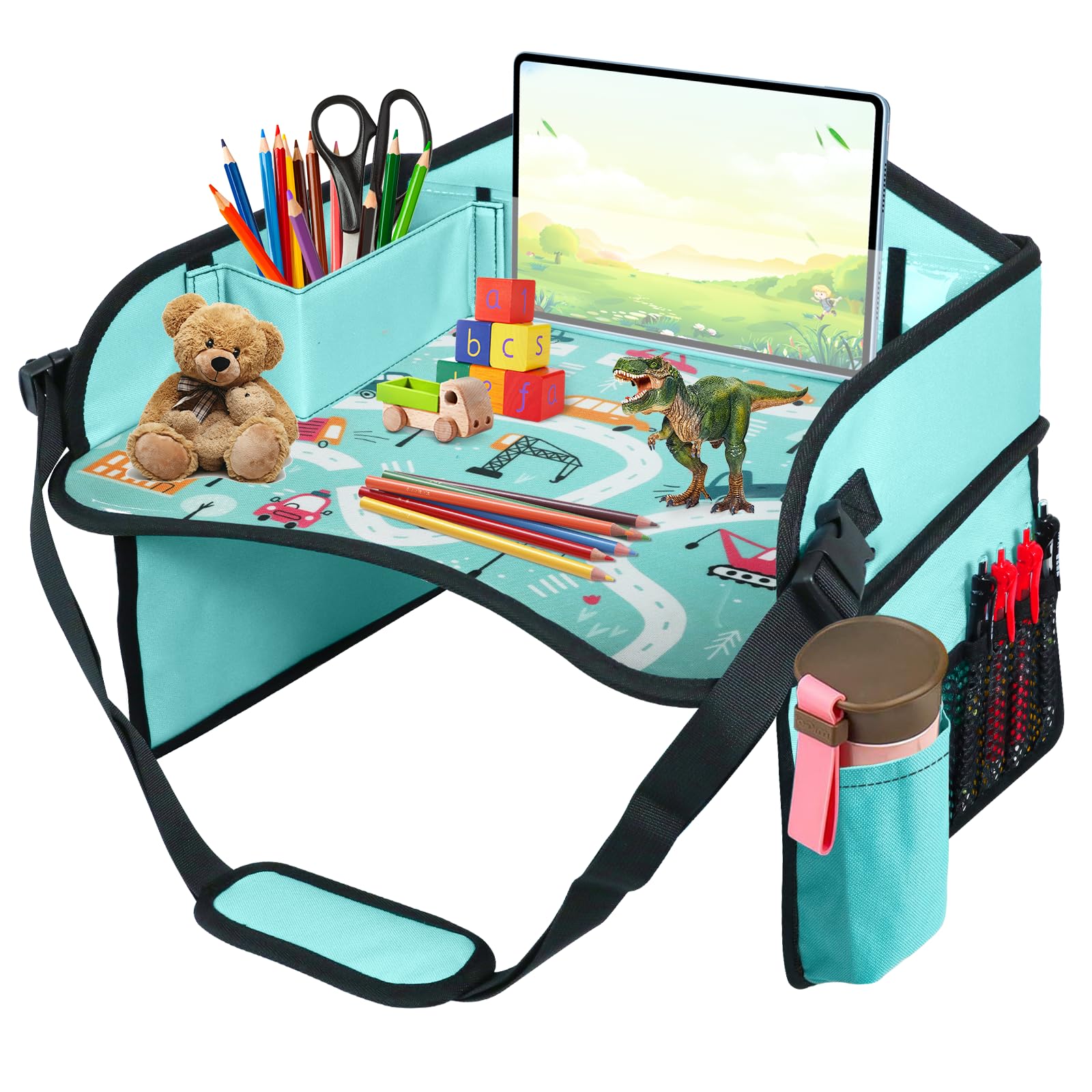 HNCY Vassoio da Viaggio, Tavolino Bambini da Seggiolino Auto con Lavagna da Disegno, Organizzatore per Seggiolino Auto con Scomparti Multiuso, Kids Travel Tray Facile da Pulire (Auto)