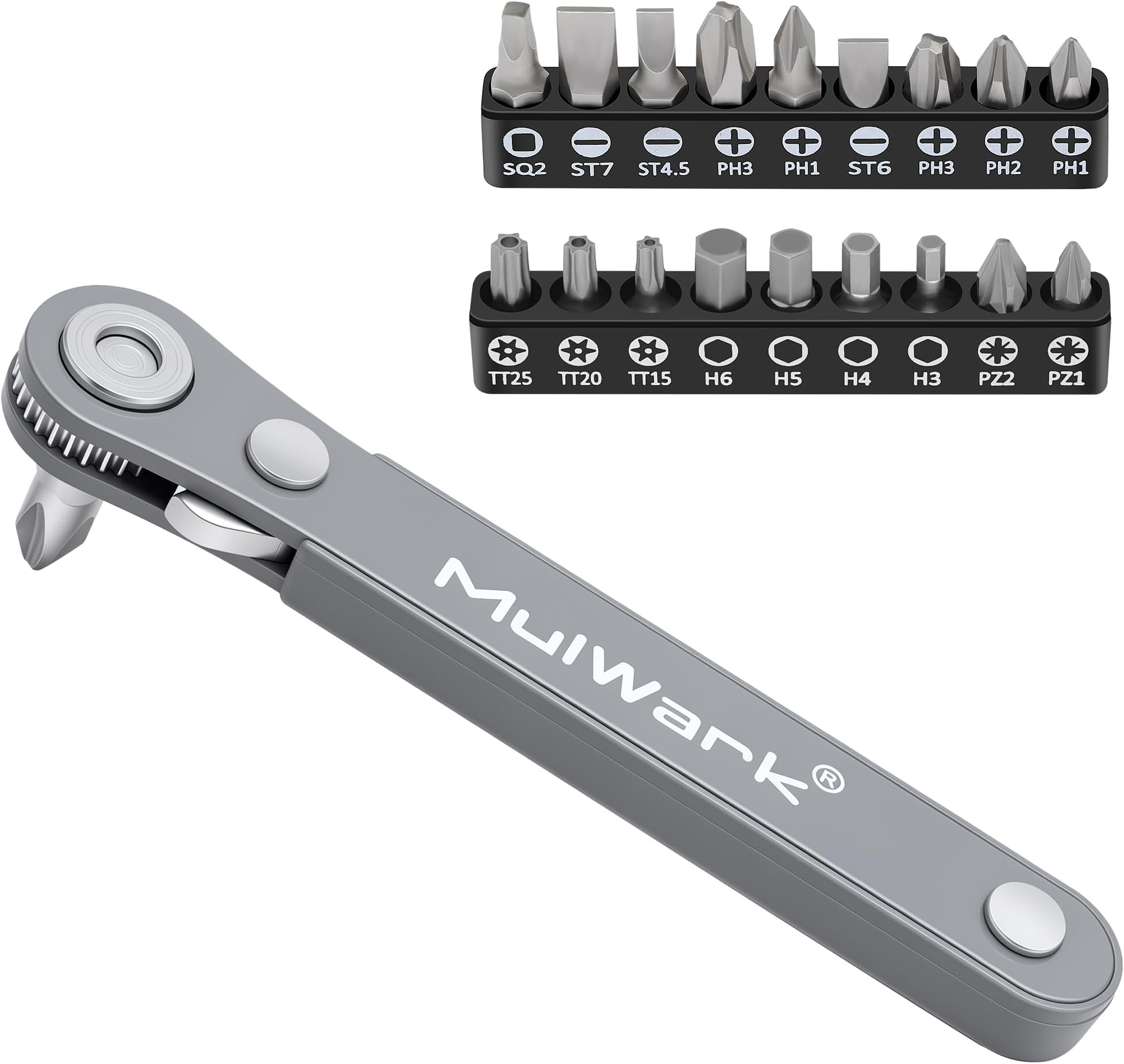 MulWark 20pc 1/4 Ultra Low Profile Mini Ratchet Wrench Close Quarters Screwdriver Set with High Torque - Right Angle EDC Tool with 90 Degree Mini Offset Reversible Drive Handle & Multi Hex Bits Set