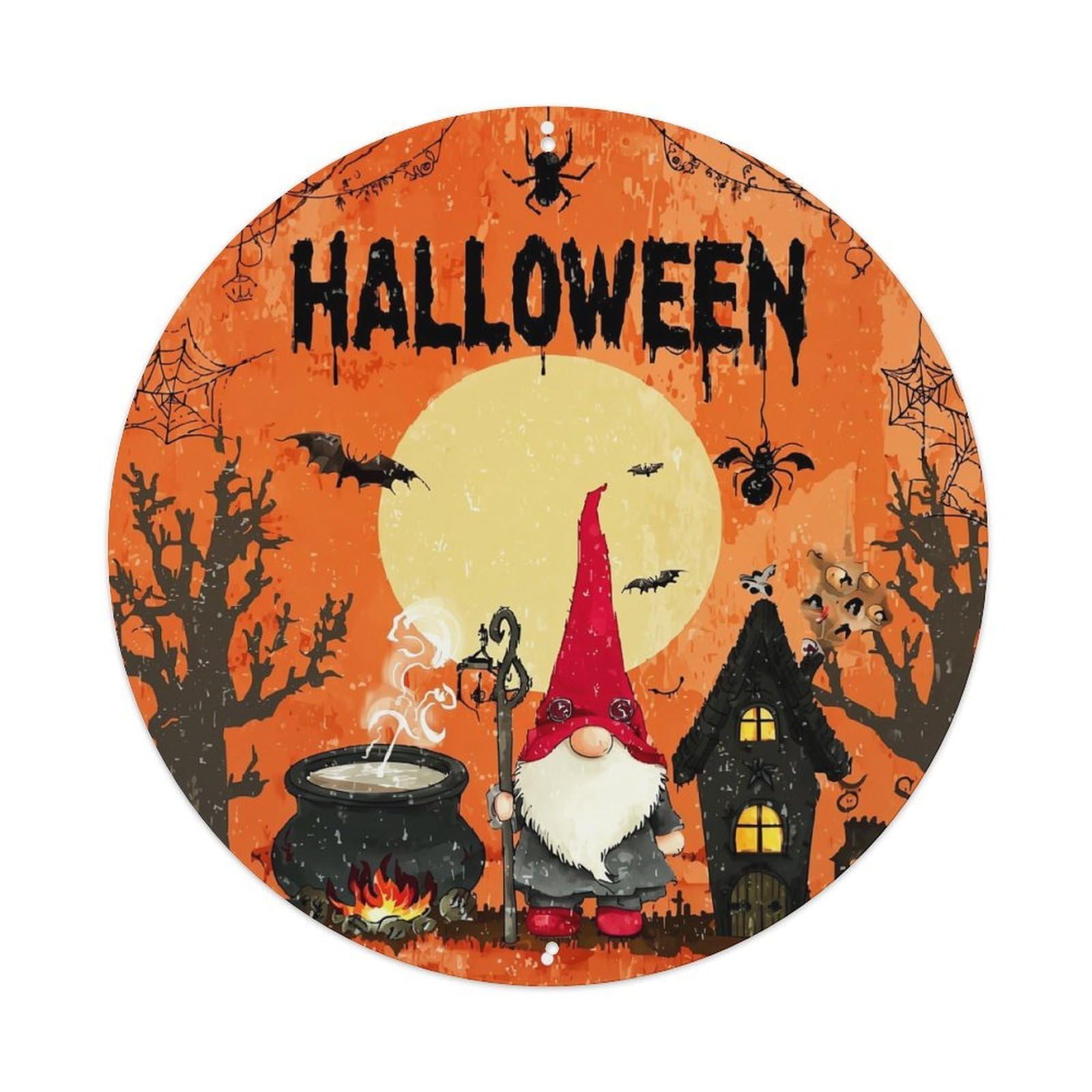 Jdyaojiesheng Vintage Halloween Gnome Cauldron Moon Spiders Round Tin Sign Retro Metal Wall Decor Metal Poster, Home Bar Garage Farmhouse Cafe Wall Art Decoration 8X8inch