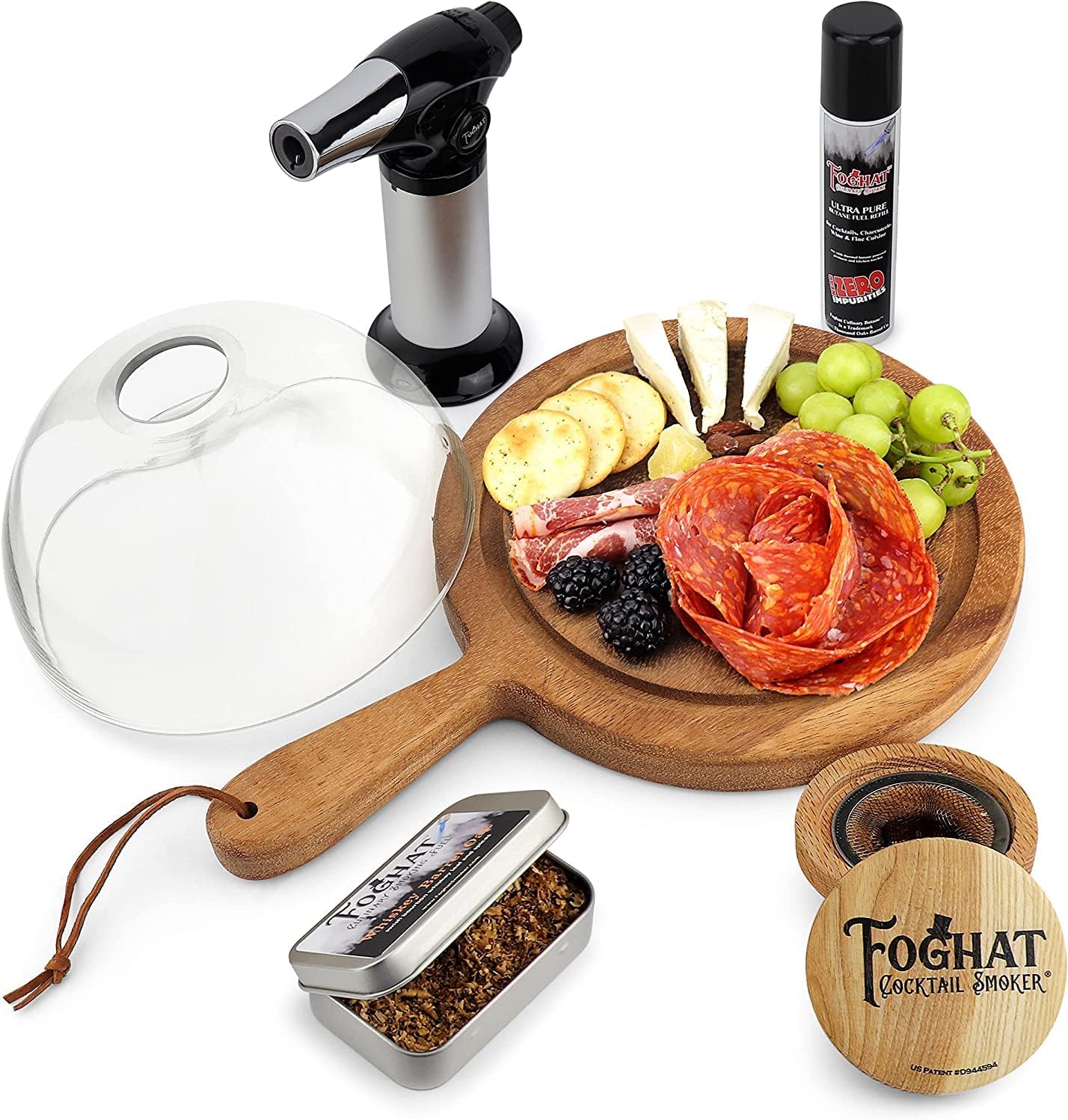 Foghat Cocktail Smoking Cloche Dome Set with Charcuterie Board, Bourbon Whiskey Barrel Oak Culinary Smoking Fuel Wood Shavings & Smoking Torch | Infuse Cocktails, Whiskey, Cheese, Meats, BBQ, Salt!