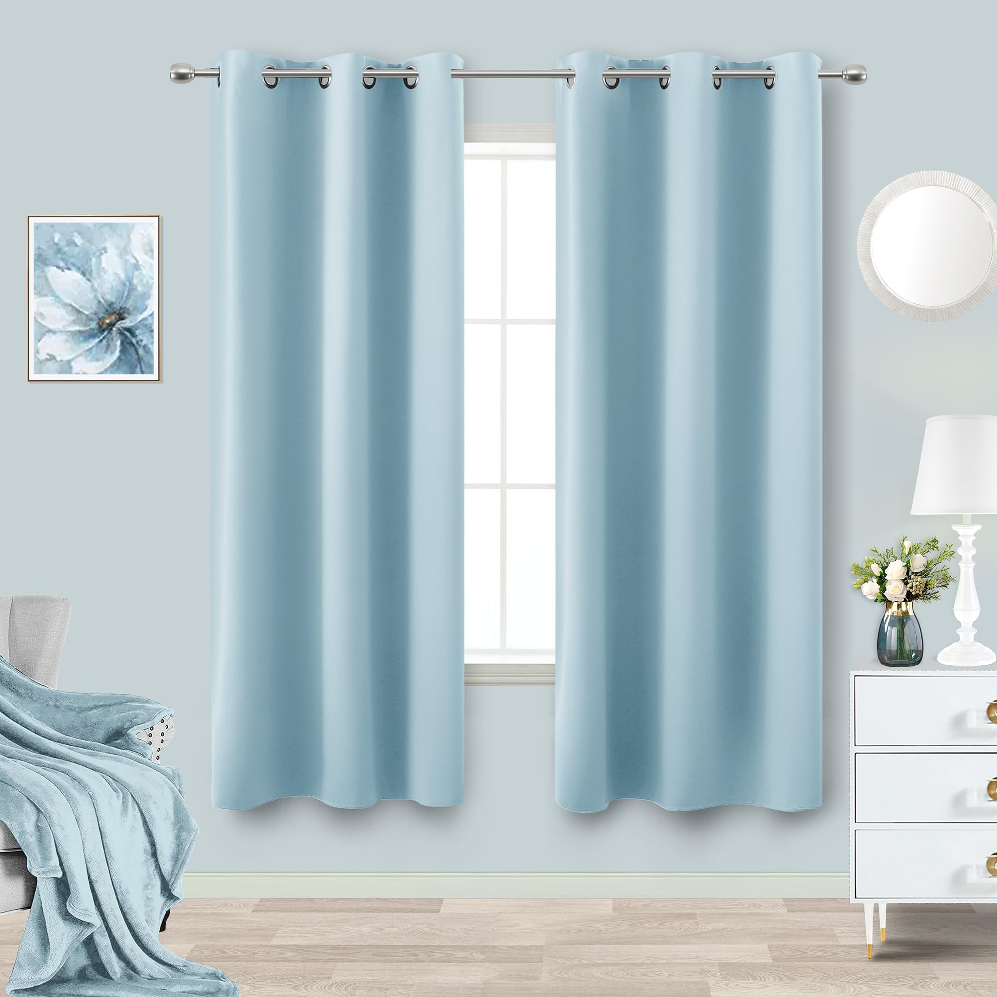 Light Blue Grommet Blackout Curtains for Bedroom 42x72 Inch Length
