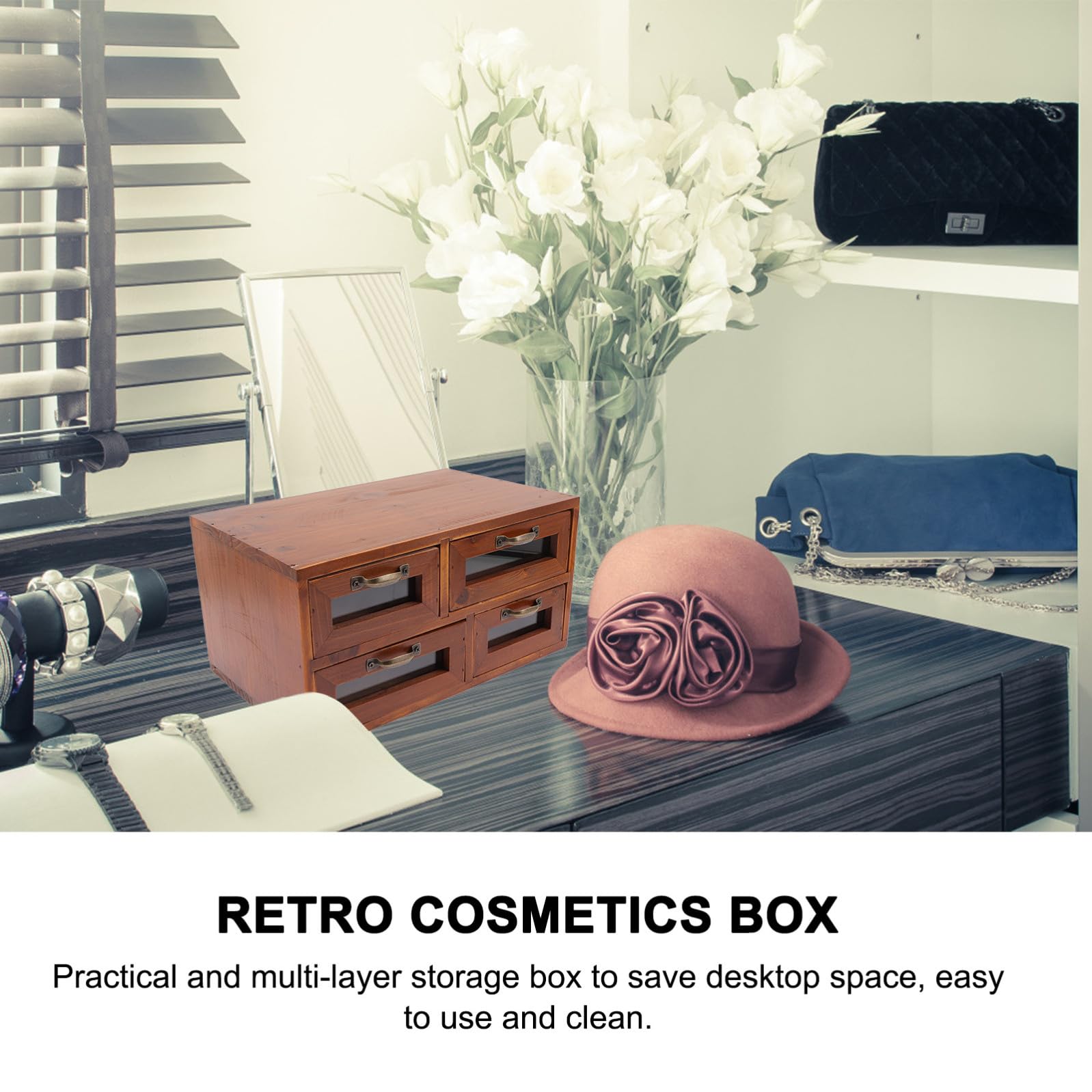 Caja de Almacenamiento de Maquillaje, Cajón Organizador de Maquillaje de Madera Marrón, Estilo Retro, Fácil de Limpiar, Almacenamiento Multicapa, para Cosméticos y Papelería, Uso