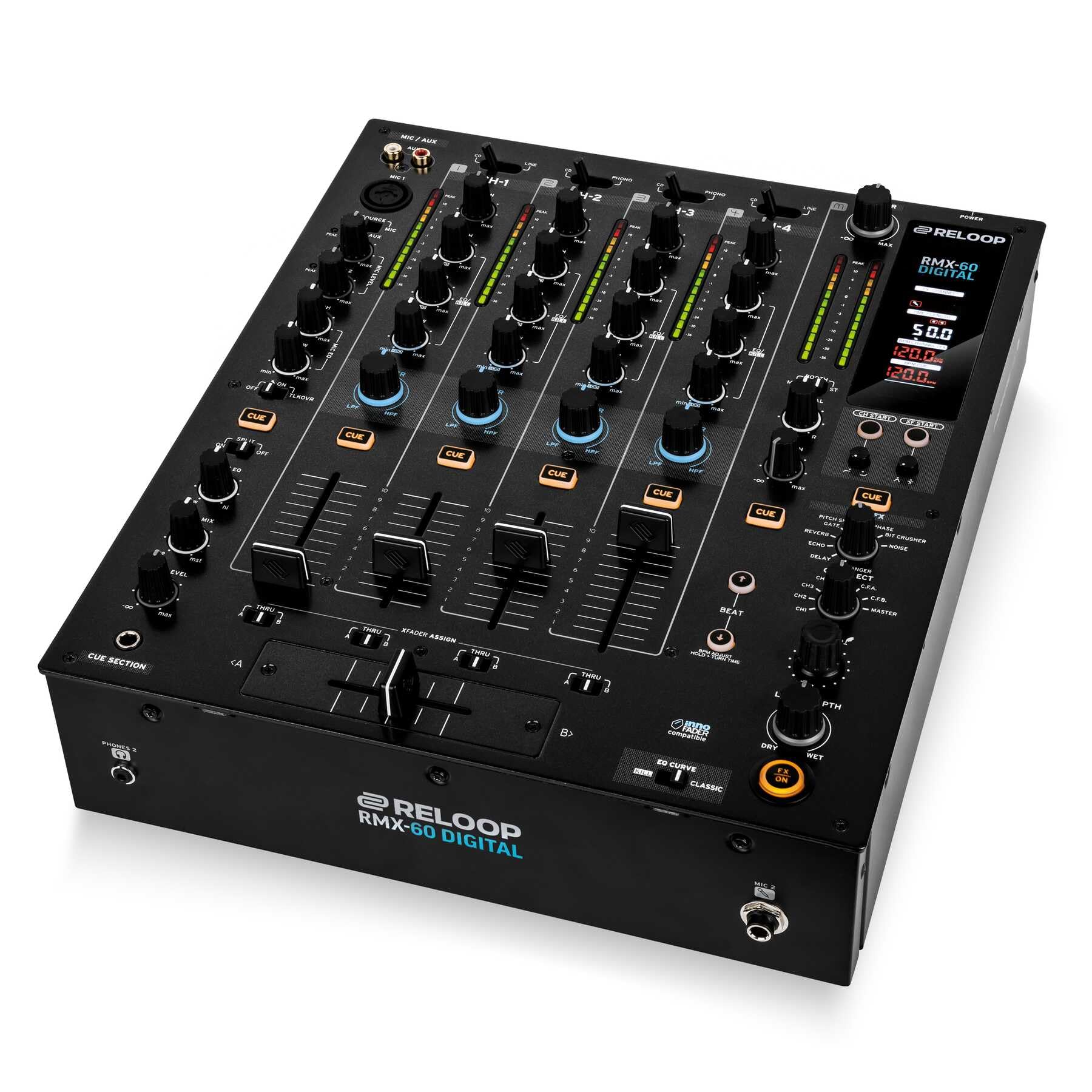 Reloop RMX-60 Digital - Klassischer 4+1 Kanal Performance Club DJ Mixer, 9 High-Quality Performance-Effekte in Studioqualität, 11 Inputs, 6 Outputs, Bipolarer Filter