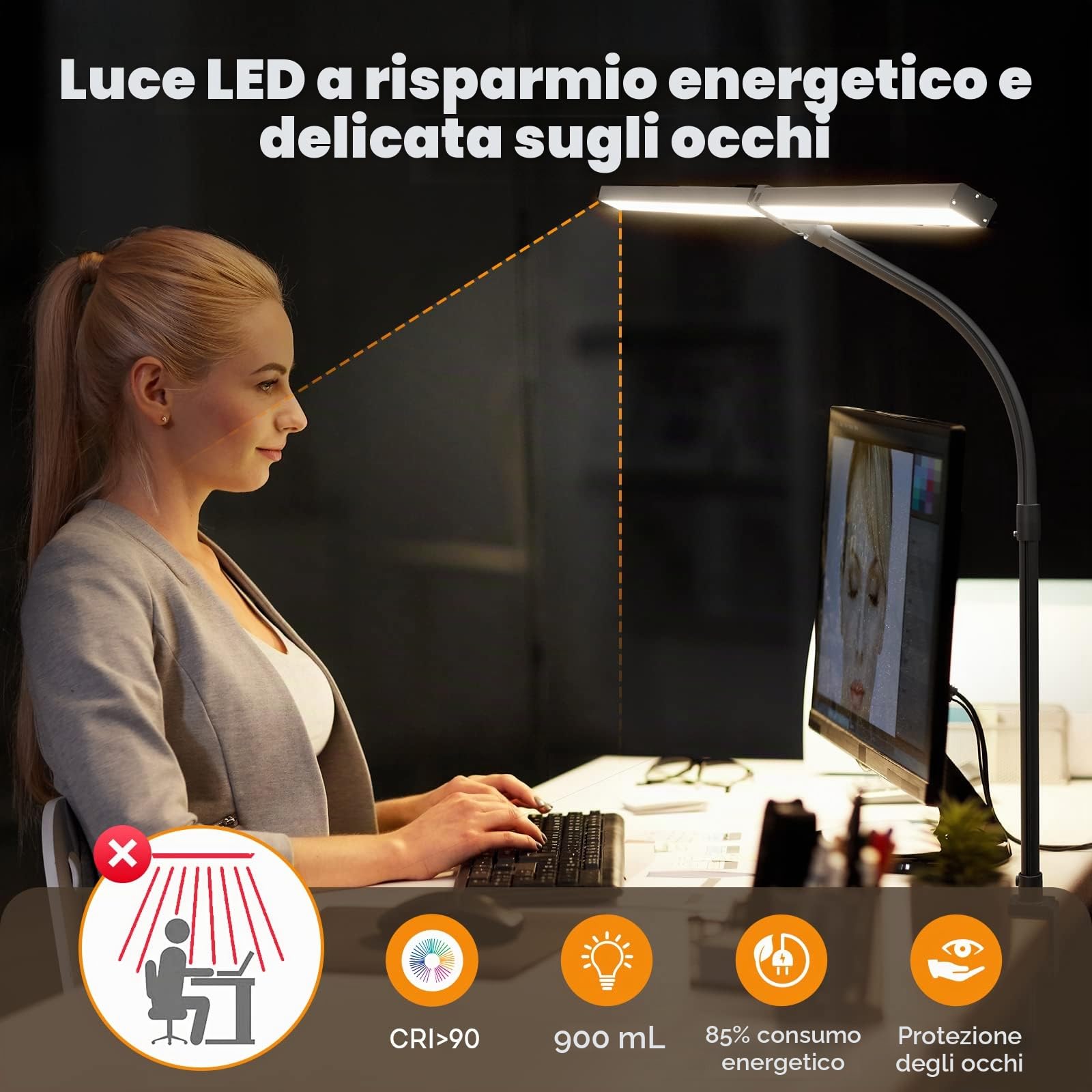 Lampada da Scrivania a LED, Luce da Tavolo Telecomandata 100 Modalità di Illuminazione per l'ufficio Casa, Collo d'oca, Doppia Testa, 24 W, Nero