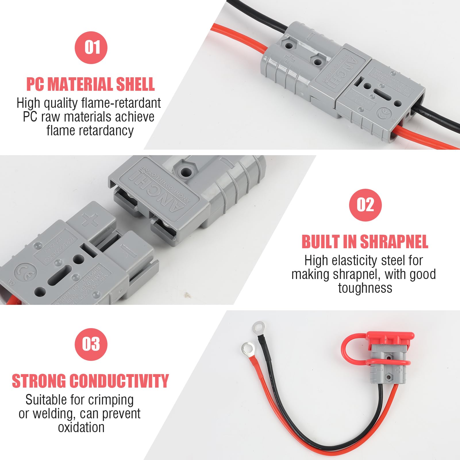 Anderson - 2 connettori da 50 A, 600 V, con cavo da 10 AWG, 30 cm, connettore per batteria con tappo di protezione, spina Anderson con cavo per porta caricabatterie