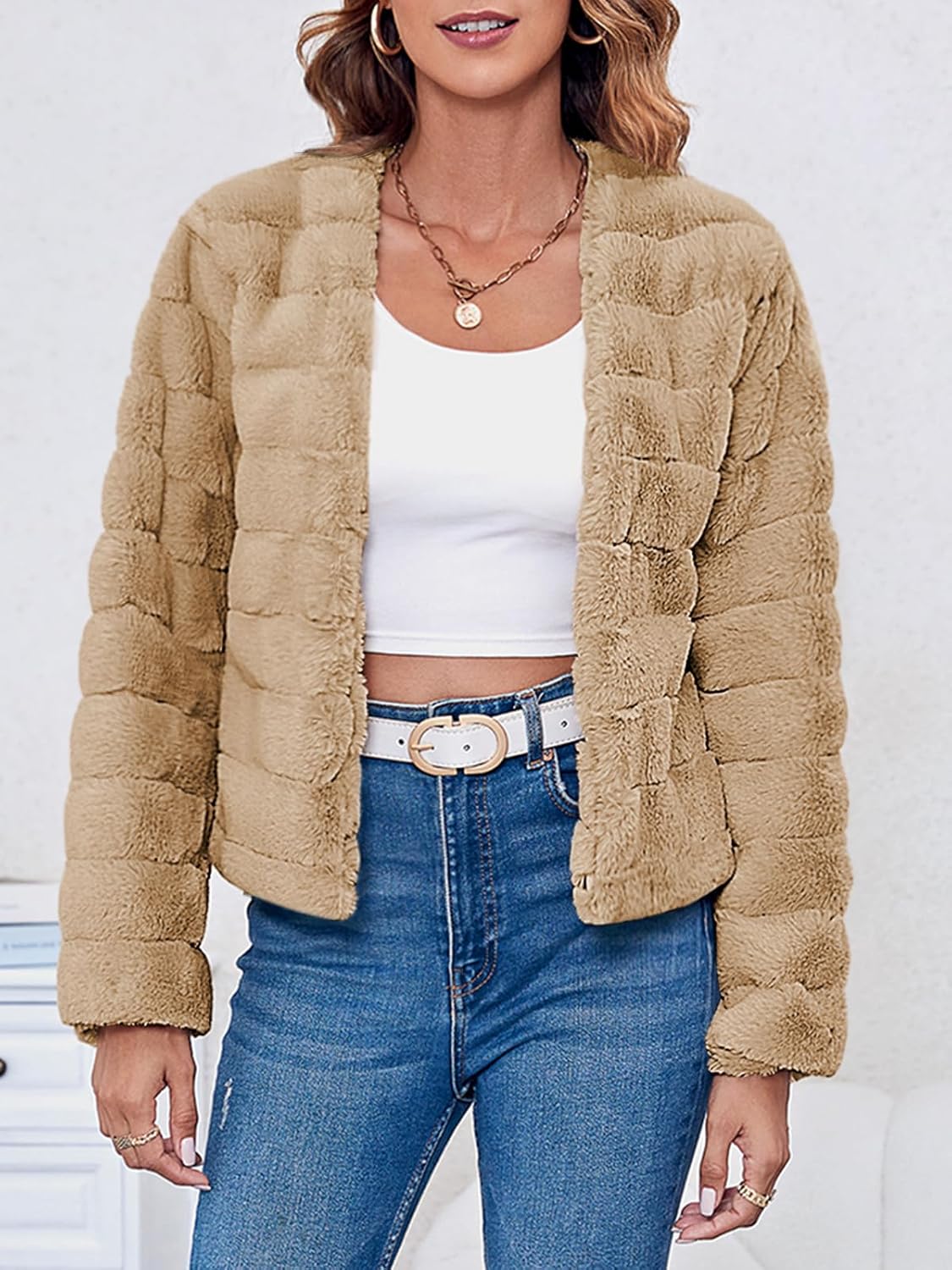 Fisoew Womens Cropped Faux Fur Jackets Long Sleeve Open Front Fluffy Short Coats - Image 4