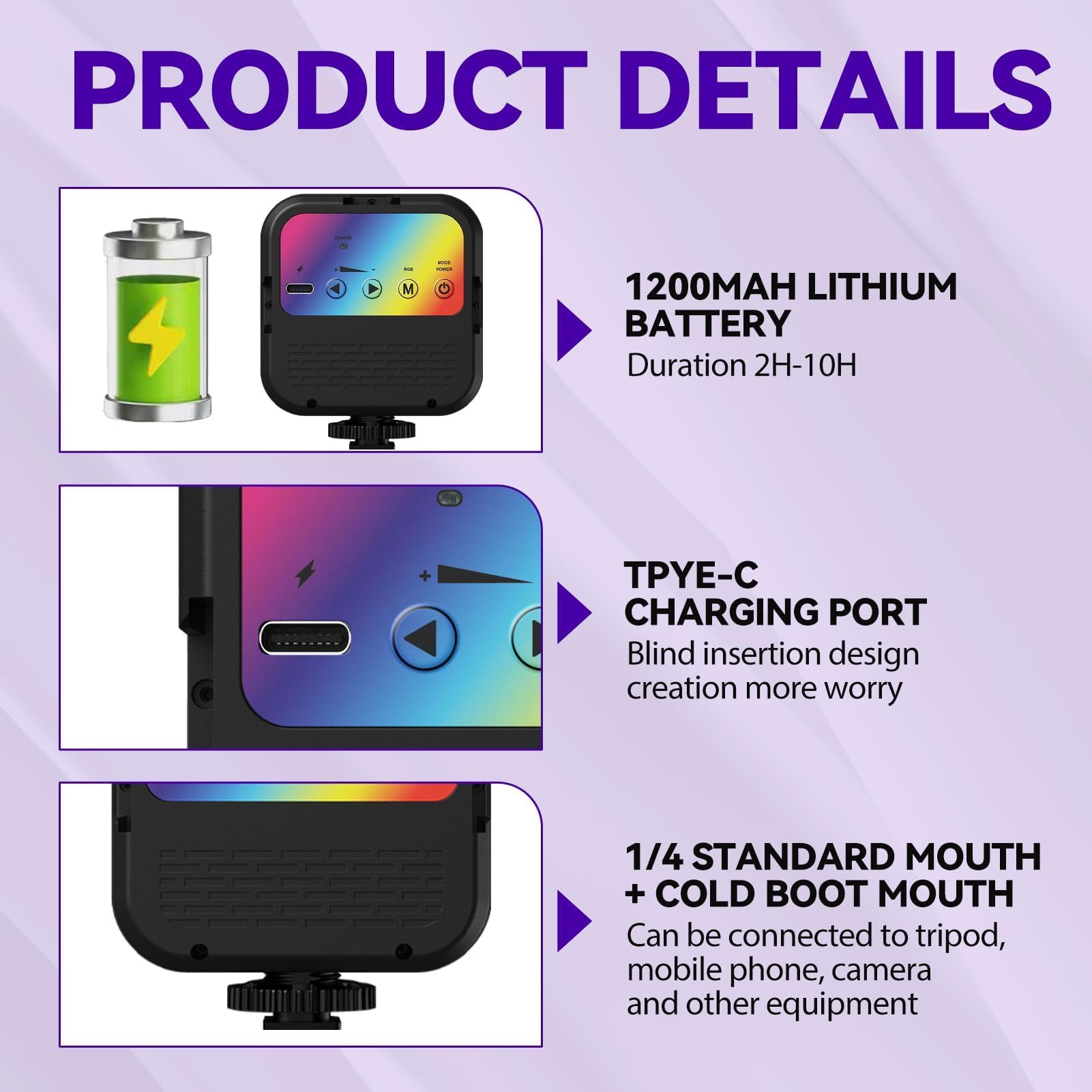 Luce Video RGB Ricaricabile 4 Cold Shoe, CRI 90+ 20 Modalità Scena 3000K-7000K 1800mAh, Led Fotografica Dimmerabile per Registrazione, Streaming Live e Microfilm