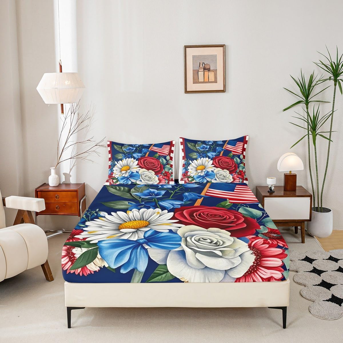 American Flag Stars Bed Sheets USA Patriotic Fitted Sheet Full for Adults Men Watercolor Red White and Blue Sheets 4Th of July Memorial Day Bed Set