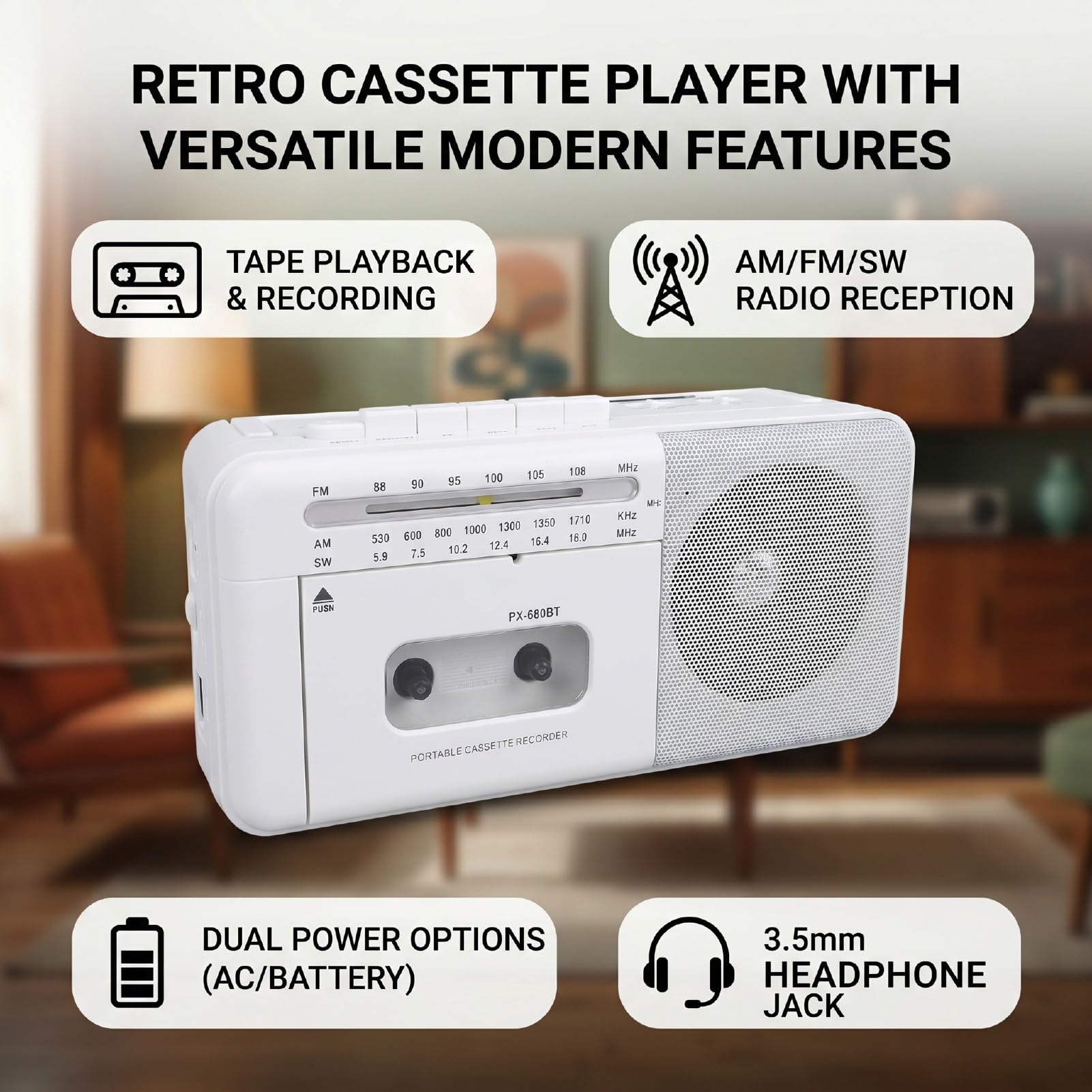Luocute Reproductor de Casete Retro con Radio Am FM SW, Grabadora de Cinta Portátil con Conector para Auriculares, Función de Grabación, Bluetooth, Reproducción USB para Viajes en Casa