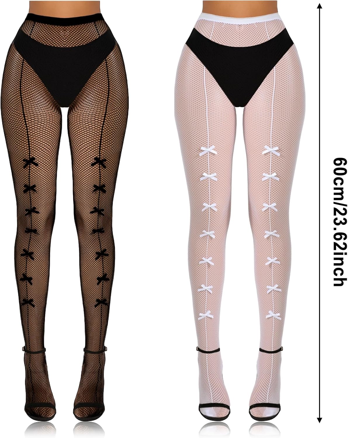 2 Pairs Bow Fishnets Stockings for Women, Sexy Lace Fishnets Stockings with Bow, Cute Y2K Thigh High Waist Stocking for Dressing Halloween Party Accessories(Black & White) - Image 2