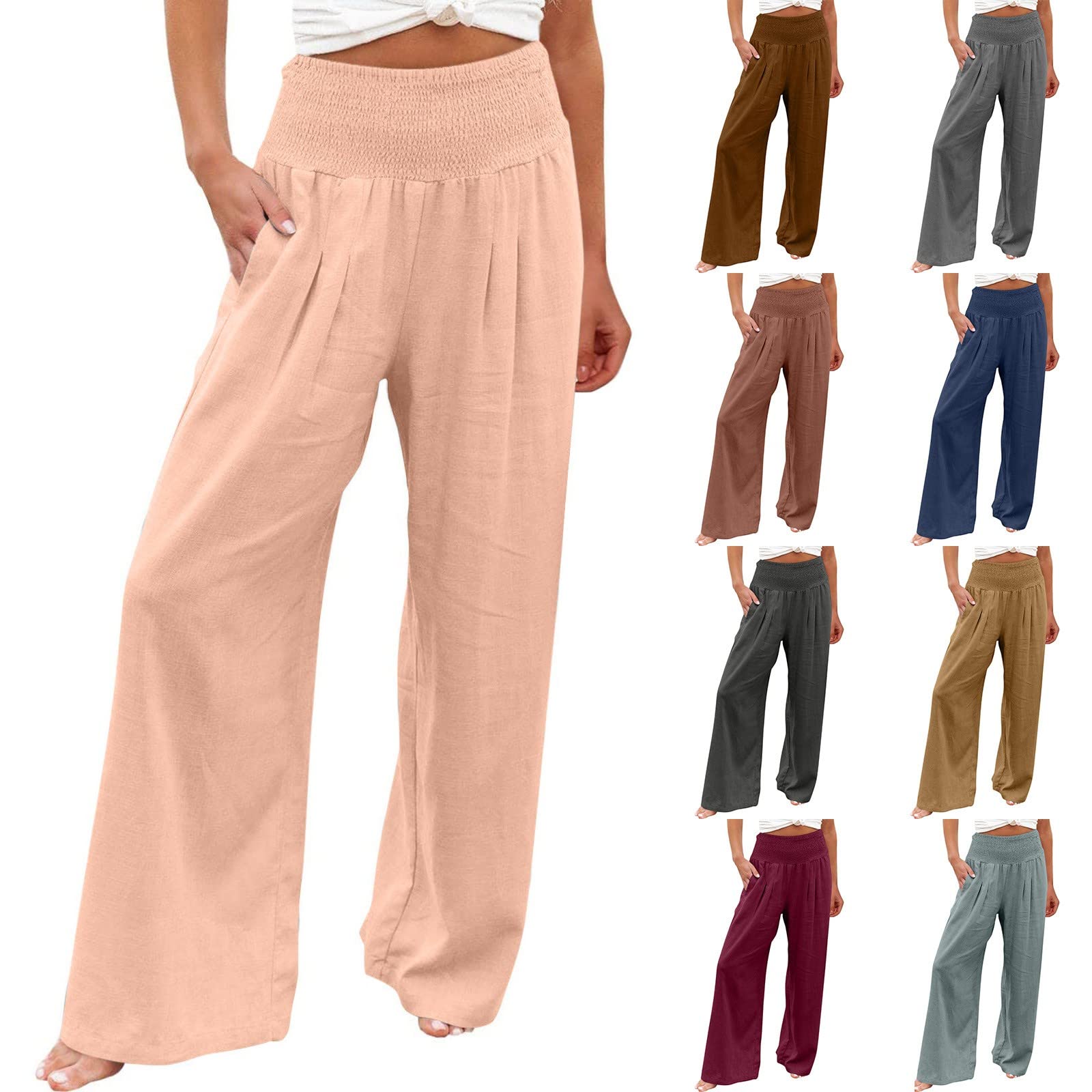 LRMQS Linen Wide Leg Pants Women Summer Casual Drawstring Elastic High Waist Trousers Resort Wear Beach Trendy Palazzo Pant